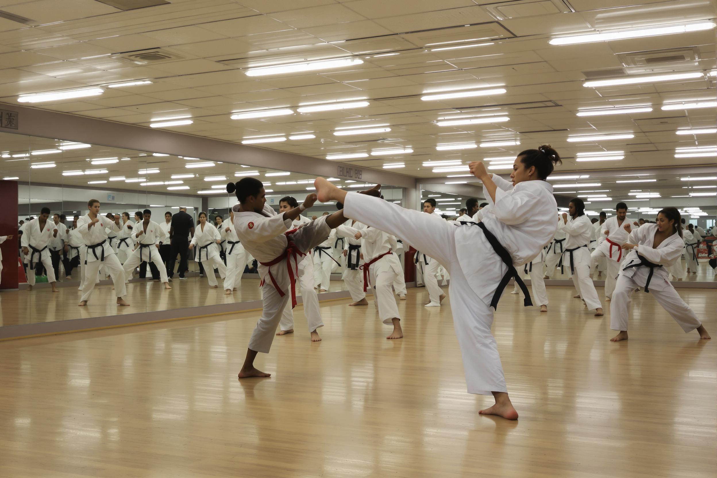 A dynamic martial arts class unfolds within a well-lit studio, where students engage in synchronized kicks and punches. The scene captures practitioners of various ethnicities wearing traditional uniforms, their expressions reflecting concentration and energy. Bright fluorescent lights highlight the smooth wooden floor, while mirrors along one wall reflect the intense movements, enhancing the sense of action.