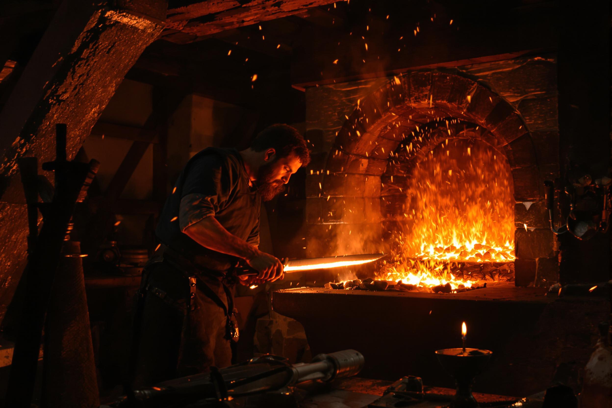 A medieval blacksmith works intensely in his dimly lit forge, hammering a glowing blade on an anvil. The intense orange glow from the furnace bathes rugged wooden beams and stone walls. Suspended sparks fill the air as coals shimmer beneath, highlighting scattered ancient tools and the time-worn workbench’s surface.