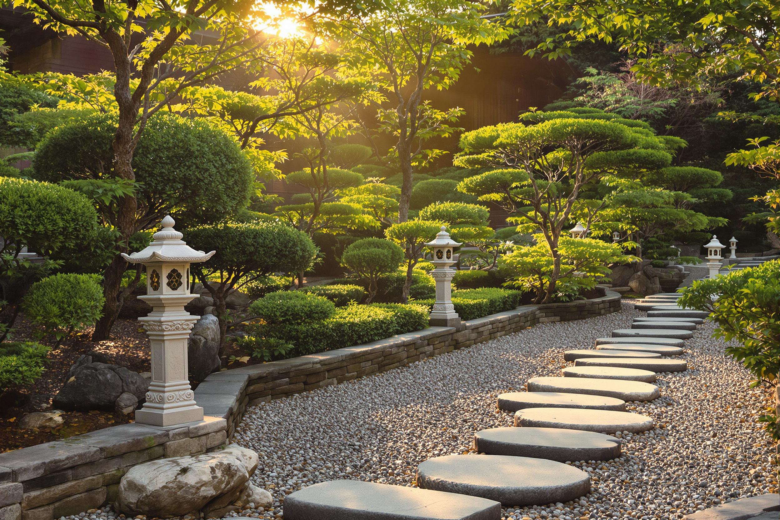 A tranquil monks' meditation garden awakens at dawn, where smooth stones create a path through carefully tended shrubs and small trees. Soft golden light illuminates the scene, highlighting intricate stone lanterns nestled among the greenery. Gentle shadows dance on the pebbled ground, inviting reflection and peace before the day begins.