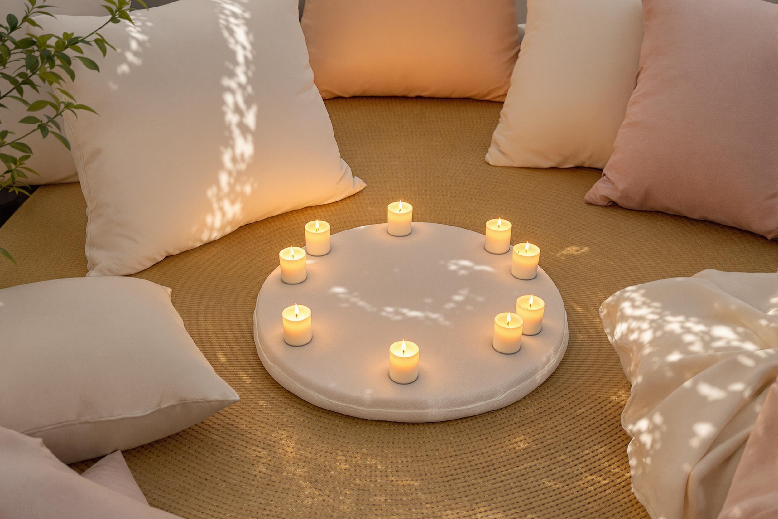 A peaceful meditation space is adorned with softly glowing candles arranged around a plush meditation cushion at the center. The light casts gentle shadows, enhancing the textures of a woven mat beneath. Surrounding the cushion are scattered elegant cushions in soothing pastel shades that invite comfort. Subtle greenery peeks from the corners, adding to the tranquil atmosphere.