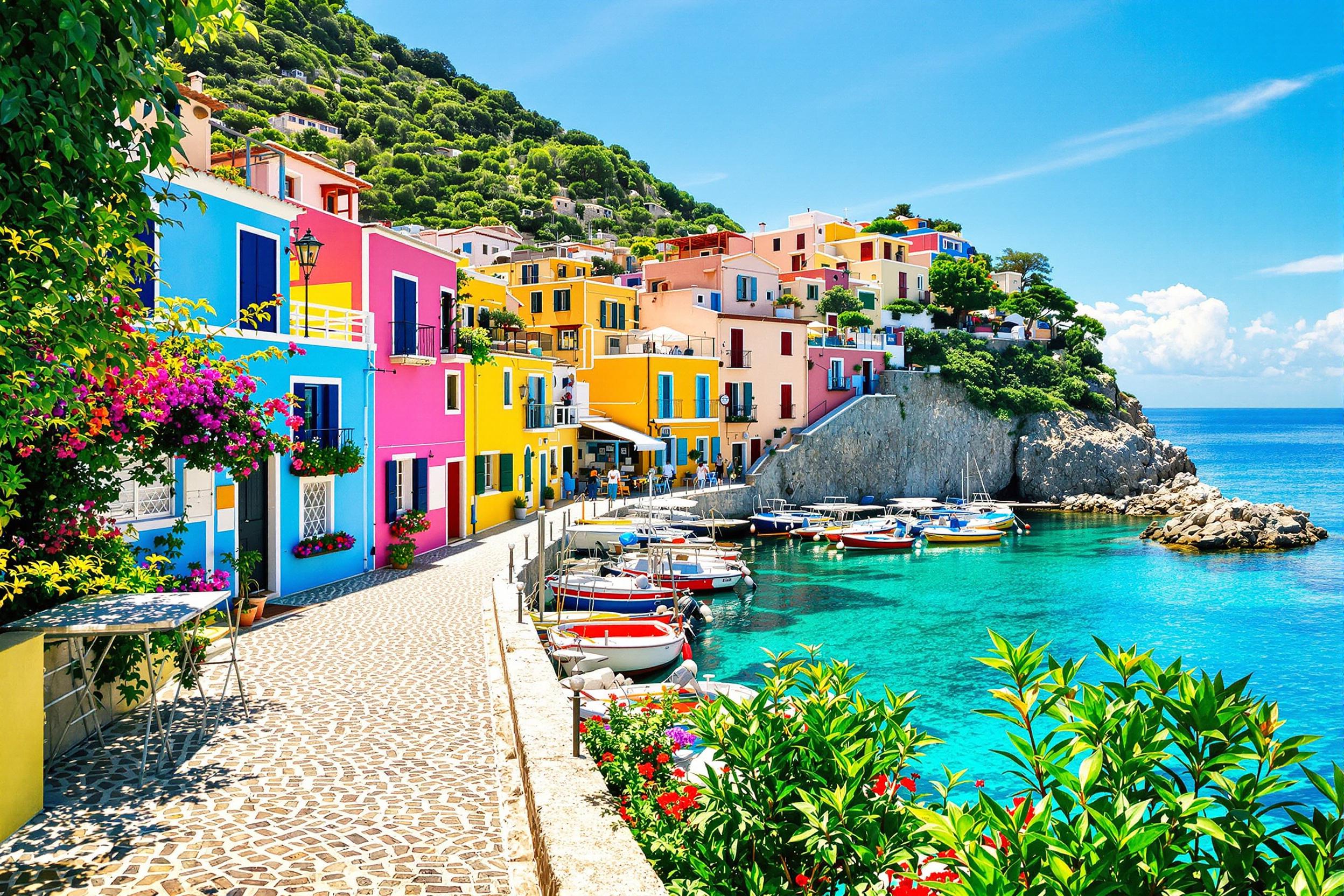 A picturesque Mediterranean coastal village radiates charm under bright midday sun. Vibrant houses line the cobblestone pathway, their facades painted in joyous hues of blue, yellow, and pink. Colorful fishing boats are anchored nearby, gently bobbing on the clear azure water. Lush greenery surrounds the scene, creating a serene atmosphere that invites tranquility.