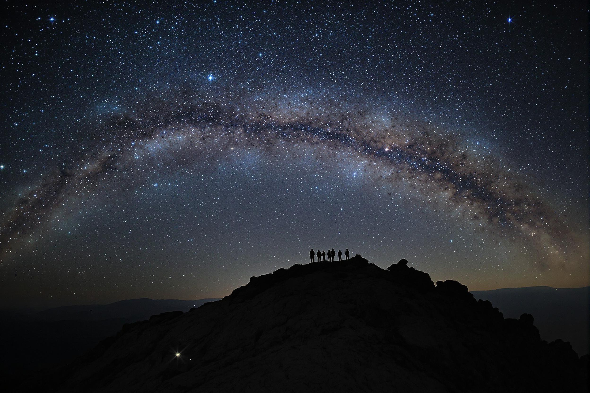 Under a vast, starlit sky, silhouettes of hikers stand on a distant peak. The glowing arc of the Milky Way dominates the scene, its ethereal colors casting faint light on jagged rocky terrain below. Small beams from headlamps punctuate the otherwise dark foreground, enhancing the blend of wilderness and cosmic wonder.