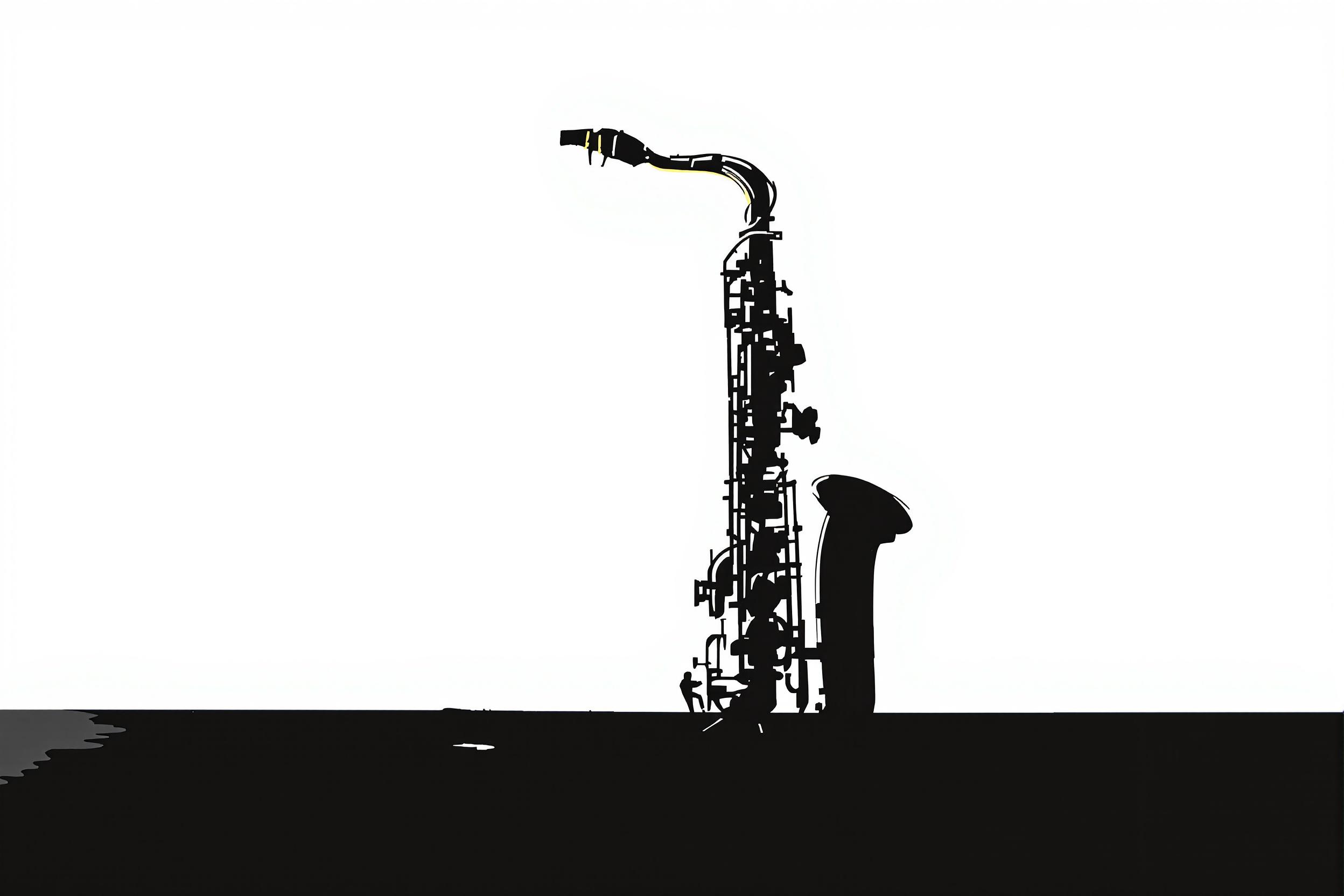 A lone saxophone stands against a stark white background, its brass curves creating a striking silhouette. This minimalist composition captures the essence of jazz in a single, powerful image, perfect for music-themed designs.