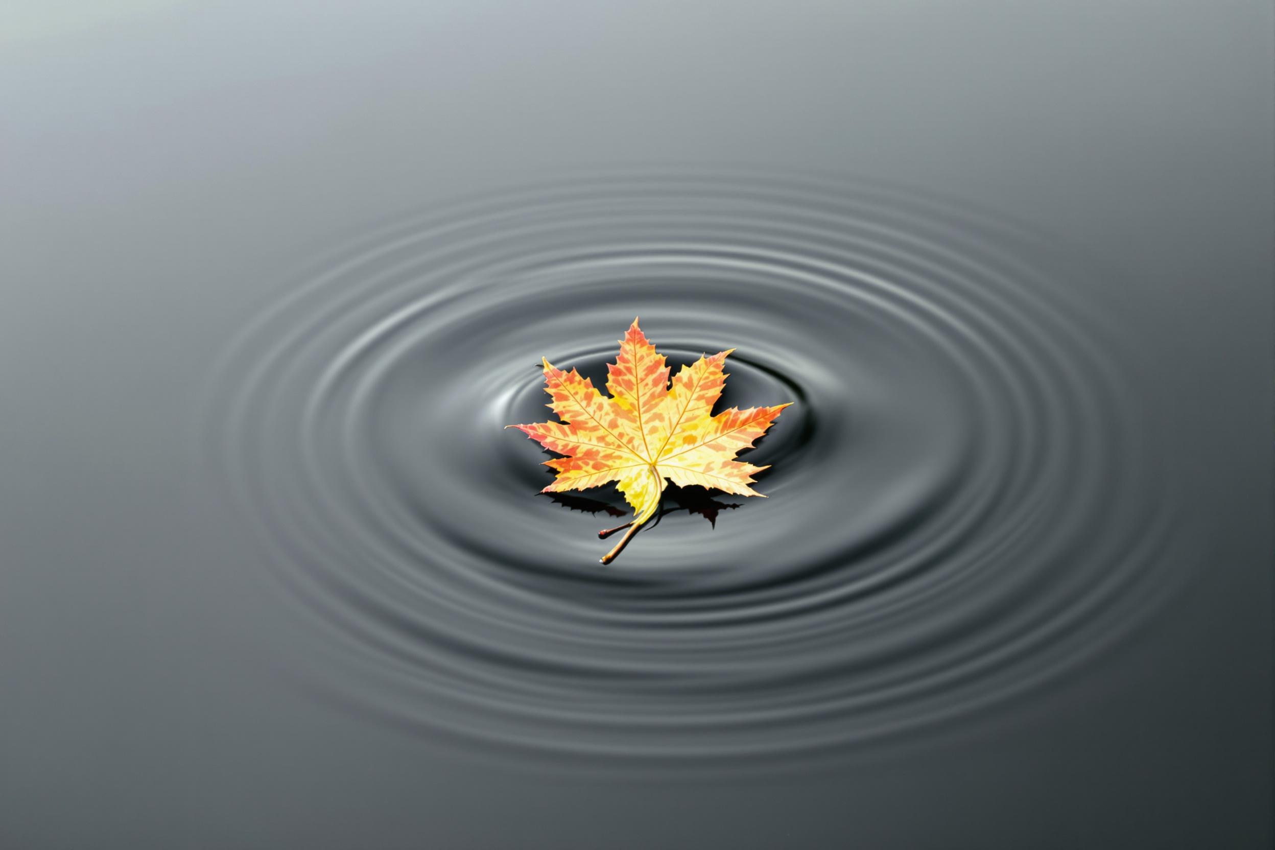 A single, perfectly formed maple leaf floats serenely on a still water surface, creating ripples that extend into infinity. This minimalist composition captures the essence of nature's simplicity and the philosophy of Zen in a single, powerful image.