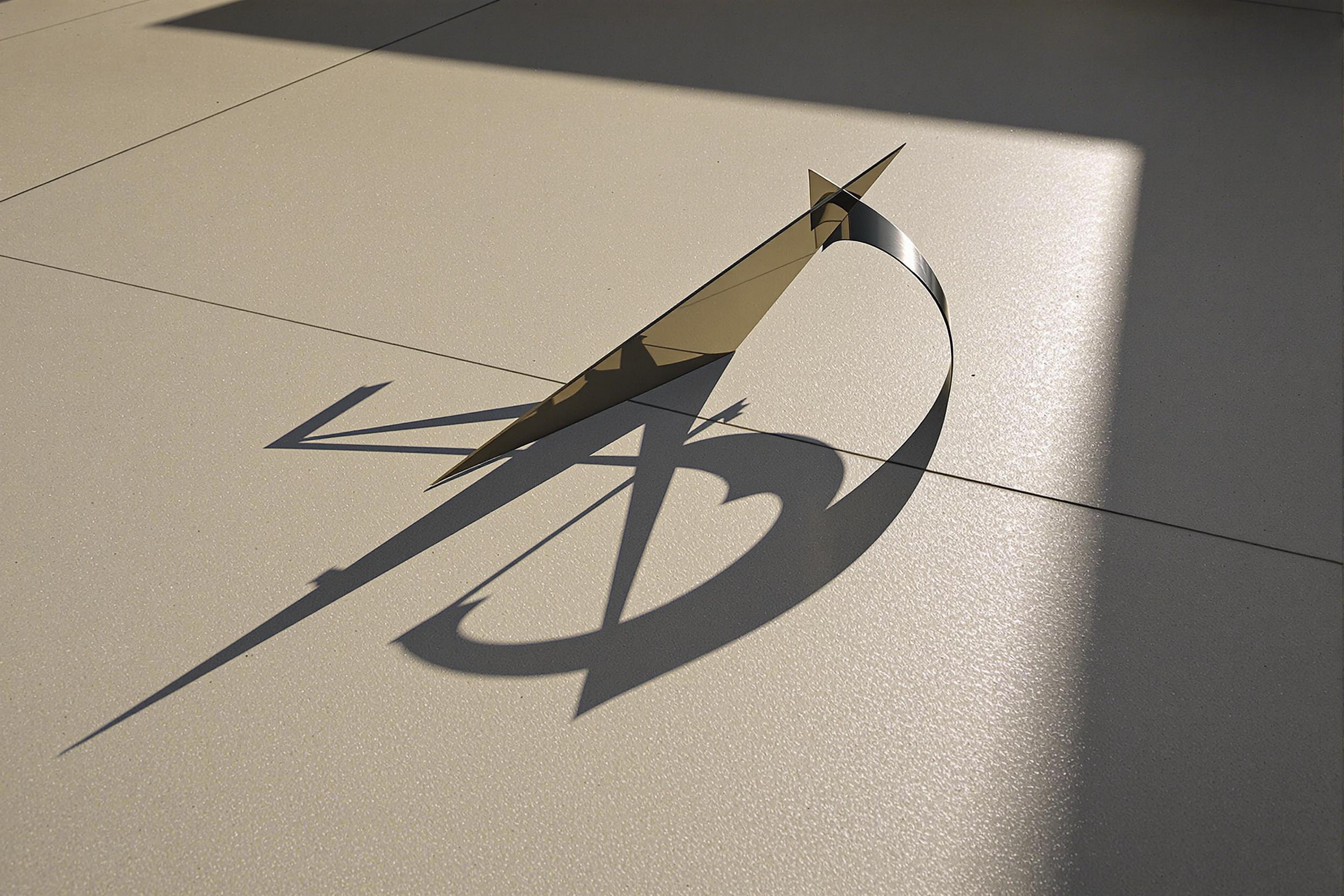 A modern take on time-telling, this image captures a sleek metal sundial casting crisp shadows on a smooth concrete surface. The interplay of light and shadow creates a captivating geometric composition, embodying minimalist design principles.