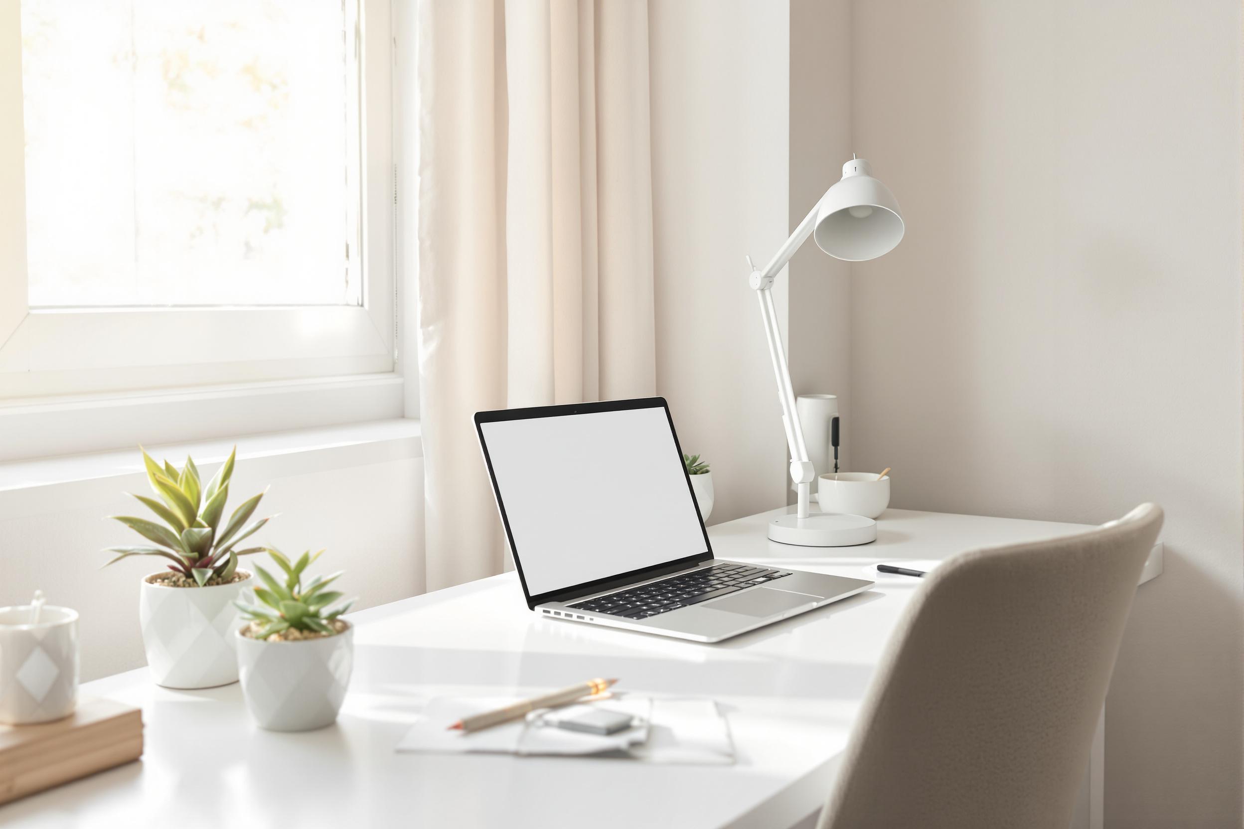 A clean, minimalist home office setup bathed in soft natural light. White desk with a sleek laptop, single succulent plant, and modern desk lamp. Neutral color palette with subtle textures.