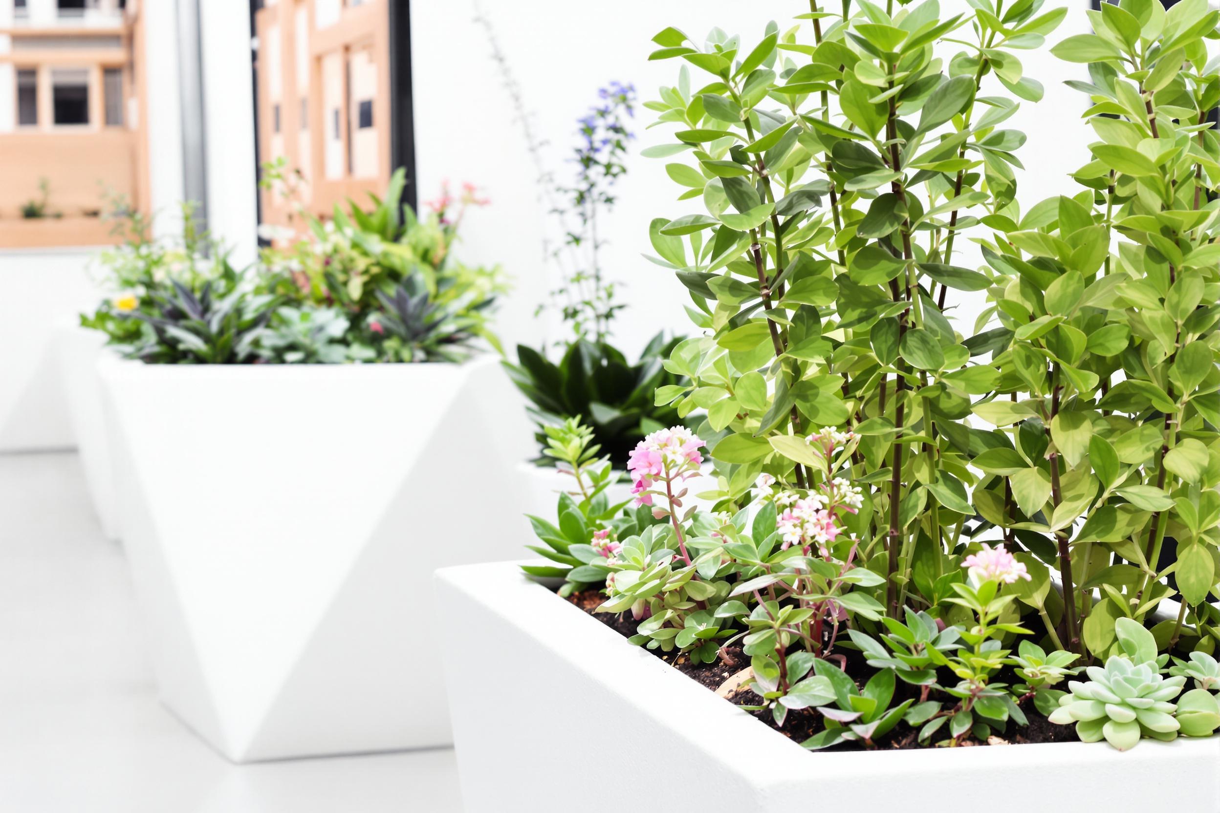 A sleek, minimalist balcony garden showcases the beauty of urban greenery in black and white. Geometric planters house carefully arranged succulents and herbs, creating a serene outdoor space that merges nature with modern design.