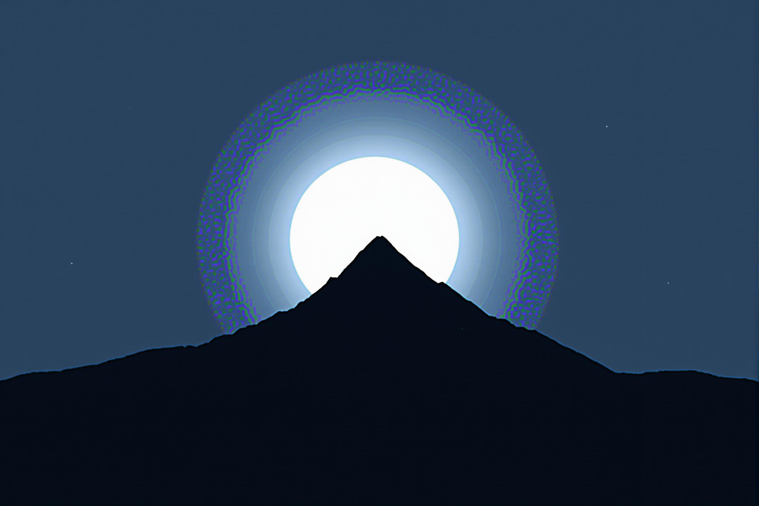 A solitary mountain peak silhouetted against a luminous full moon, creating a striking minimalist composition. The image captures the essence of nature's grandeur in its simplest form, emphasizing negative space and the interplay of light and shadow.