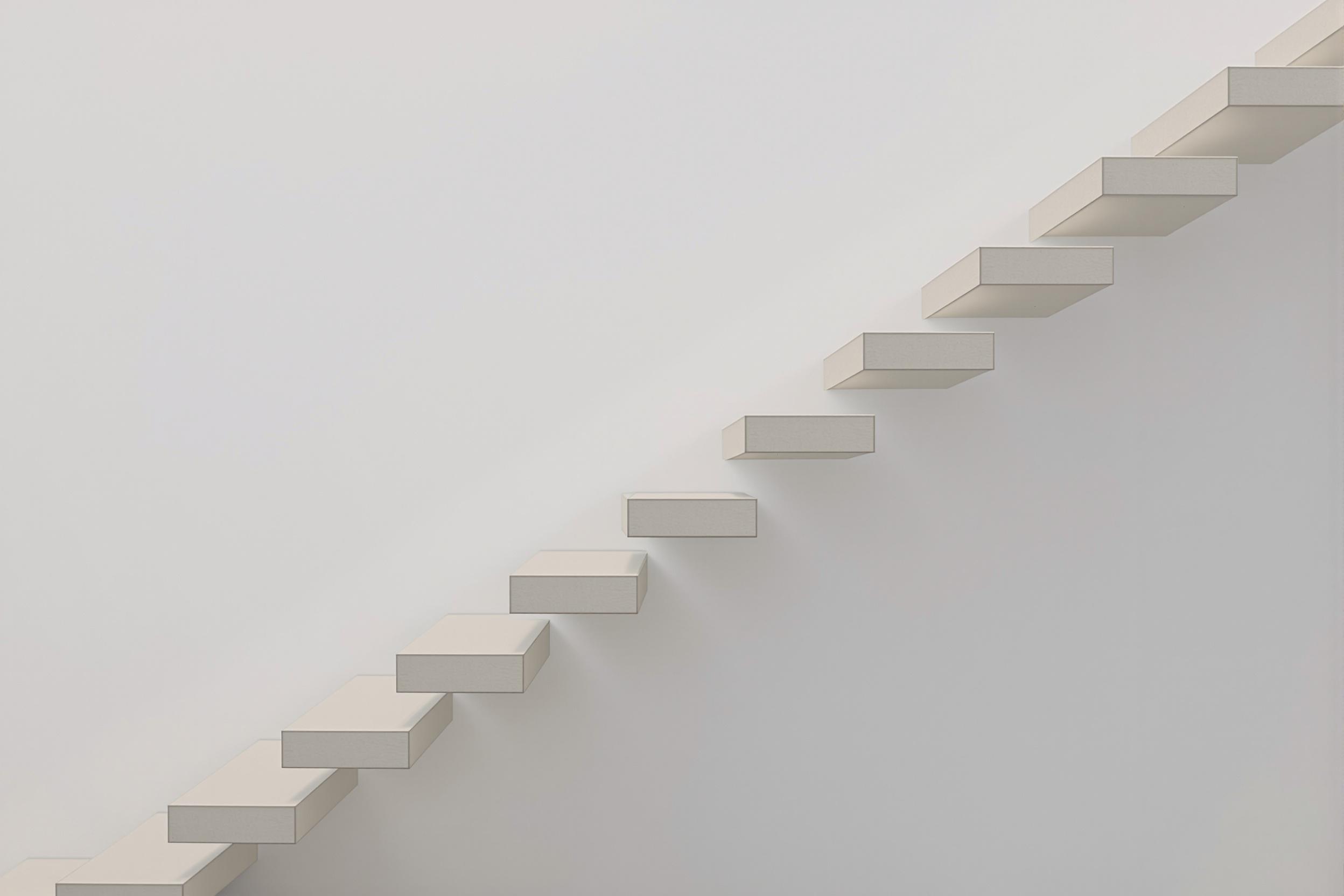 A striking minimalist floating staircase ascends against a pristine white wall. Each step appears to defy gravity, creating a mesmerizing interplay of light and shadow. The clean lines and geometric precision showcase modern architectural design at its finest.