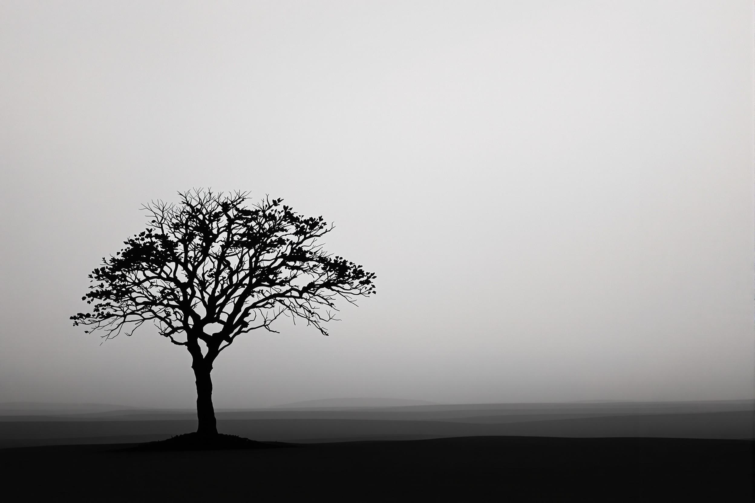 A solitary tree stands silhouetted against a misty horizon, creating a striking minimalist landscape. The image captures the essence of solitude and simplicity, with a monochromatic color palette emphasizing the stark beauty of nature's forms.