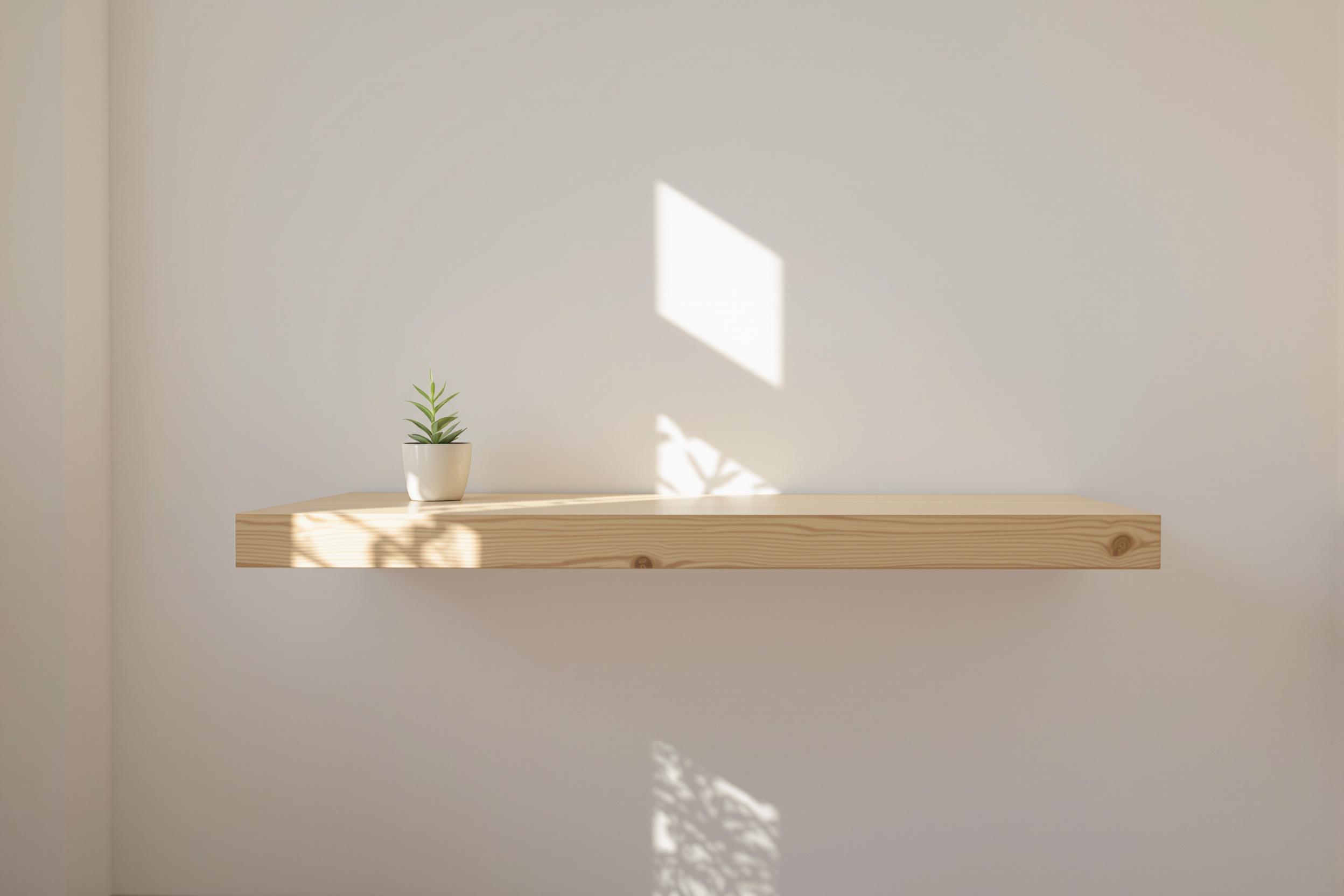 A clean, minimalist home office setup featuring a floating wooden desk against a white wall. Soft natural light streams through an unseen window, casting subtle shadows. A single potted succulent adds a touch of nature to the serene workspace.