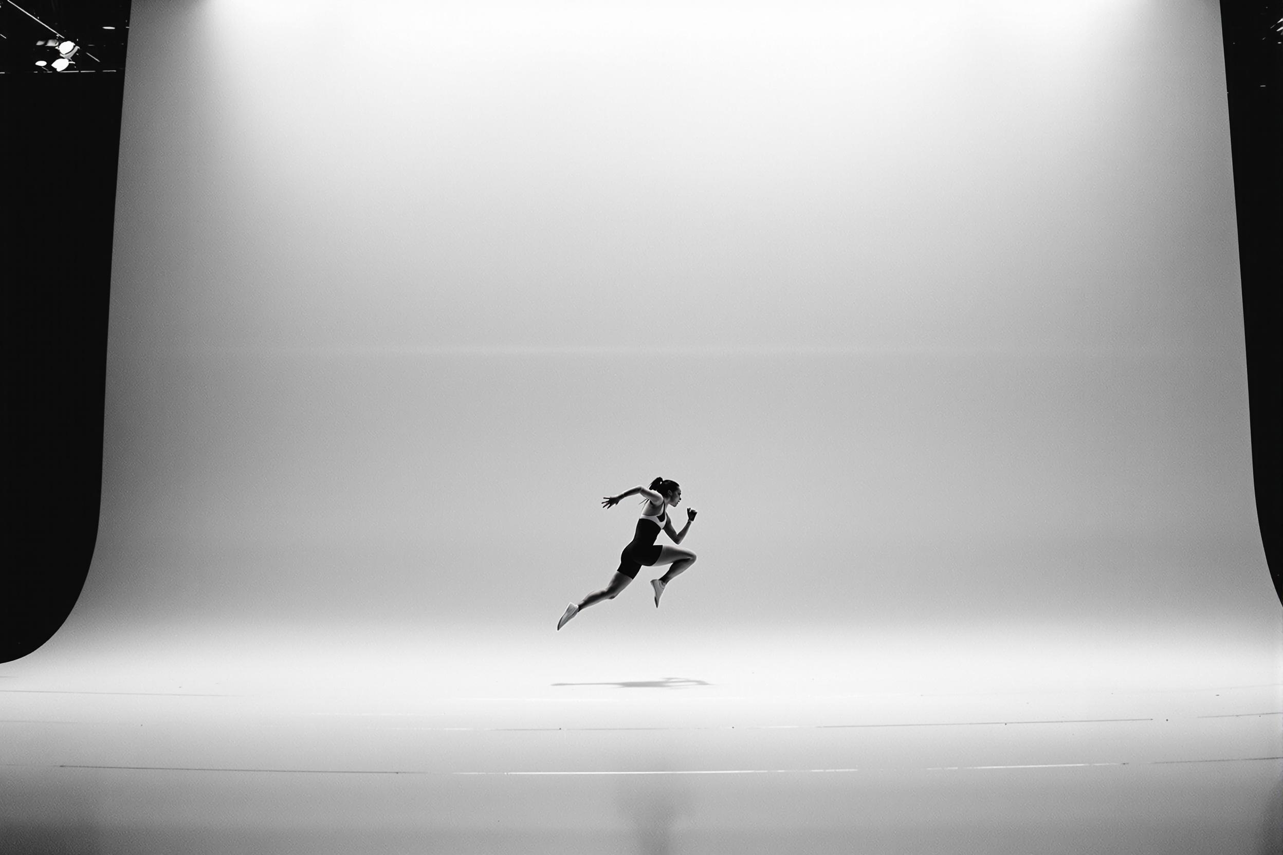 This minimalist photograph captures a lone athlete in mid-action, set against a stark white background. The focus is on the athlete's form and movement, emphasizing the beauty of physical exertion. Soft, diffused lighting highlights the contours of the body, creating a serene yet dynamic atmosphere. The color palette is limited to monochrome shades, enhancing the minimalist aesthetic. Shot from a low angle, the perspective draws attention to the athlete's powerful stance, making it ideal for sports and fitness themes.