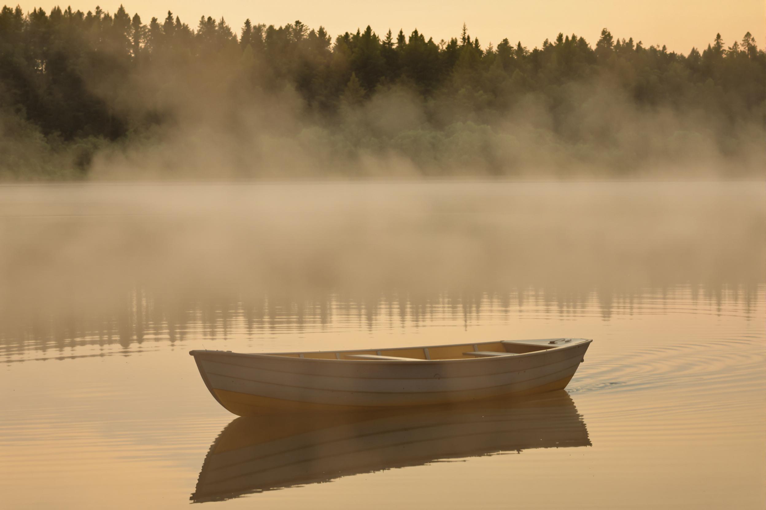 Floating in tranquil isolation, a wooden rowboat glides silently along misty riverbanks as dawn’s faint amber hues diffuse gently through the fog. The blurred silhouettes of forest edges emerge delicately in the distance, merging softly with serene still water surfaces reflecting muted pastel morning tones.