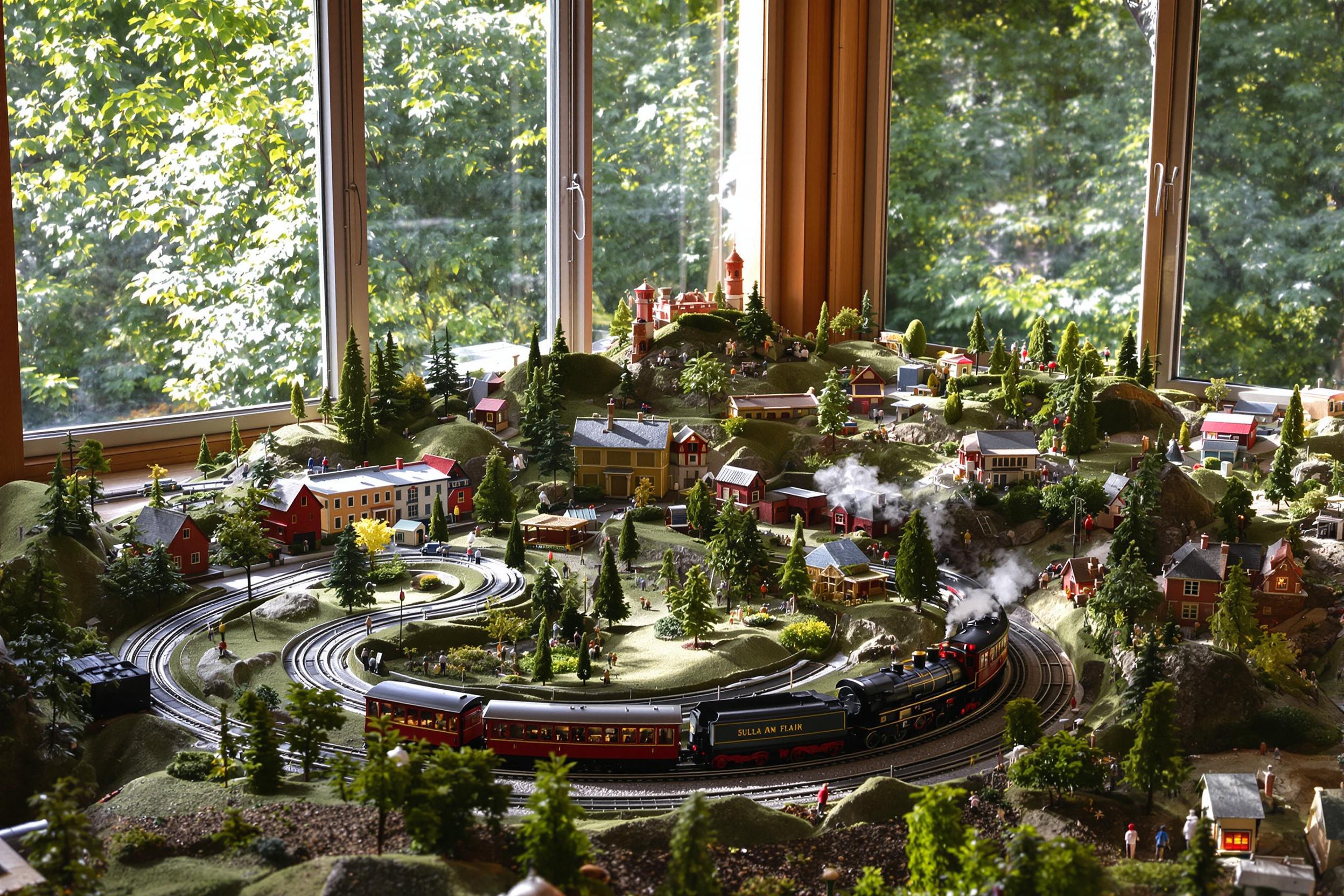 An intricate model train set fills a cozy living room corner, under soft late afternoon sunlight streaming through large windows. The miniature landscape includes detailed hills, trees, and tiny buildings that create a vivid scene. A steam engine chugs along winding tracks, surrounded by blurred foliage in the background, suggesting movement and adventure within this inviting space.