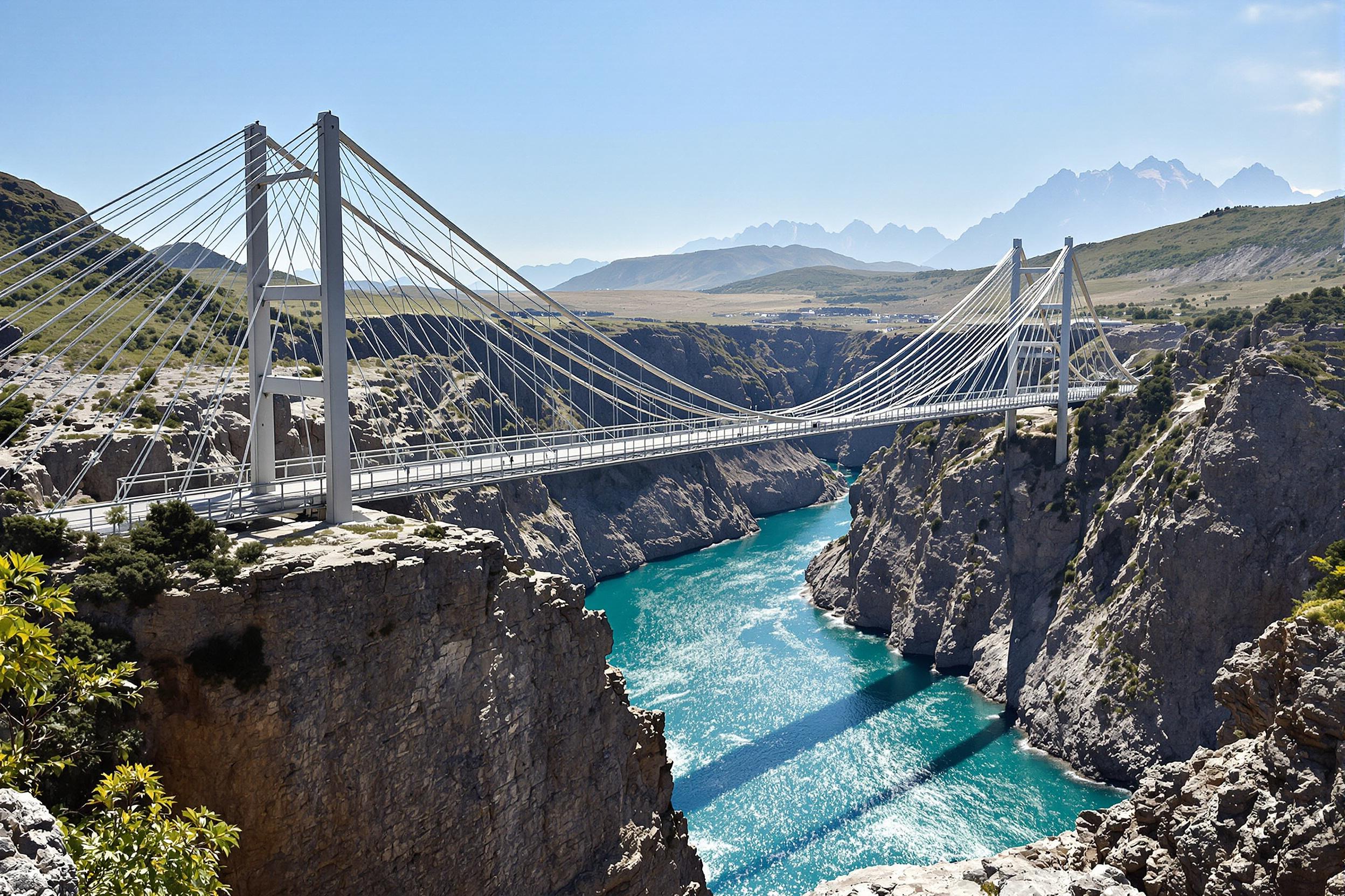 A striking modern suspension bridge elegantly spans over a deep turquoise river gorge. Its sleek, metallic cables catch the mid-day sunlight, creating bold contrasts against the rugged cliffs below. Jagged mountain peaks rise faintly through distant haze, enhancing the dynamic sense of scale and purpose-built engineering marvel.