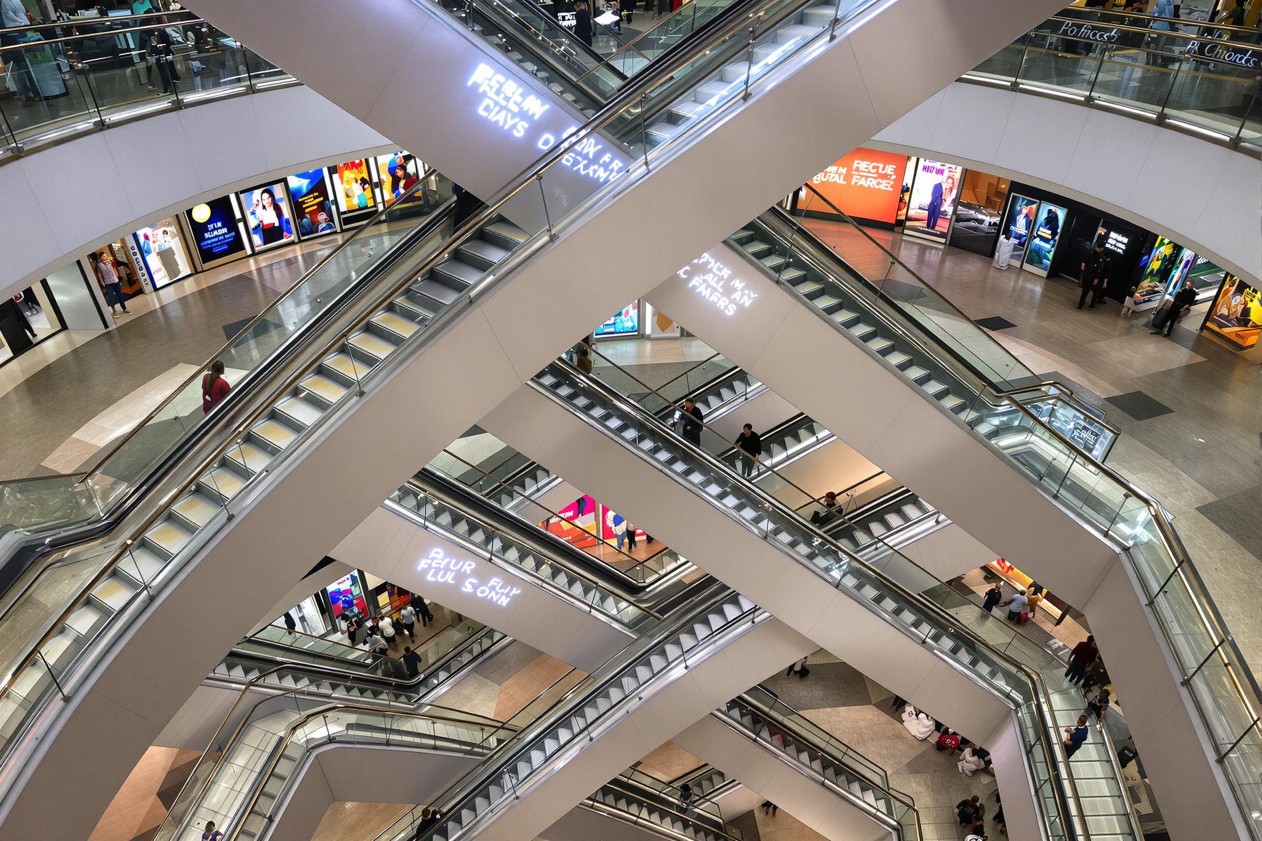 Intersecting escalators create geometric patterns inside a modern shopping mall. The sleek metal rails and glass panels reflect ambient light from glowing advertisements and overhead lamps. Shoppers in motion add energy, while the perspective from above showcases dynamic angles and a layered architectural composition. Neutral and soft lighting enhances the structure's clean design.