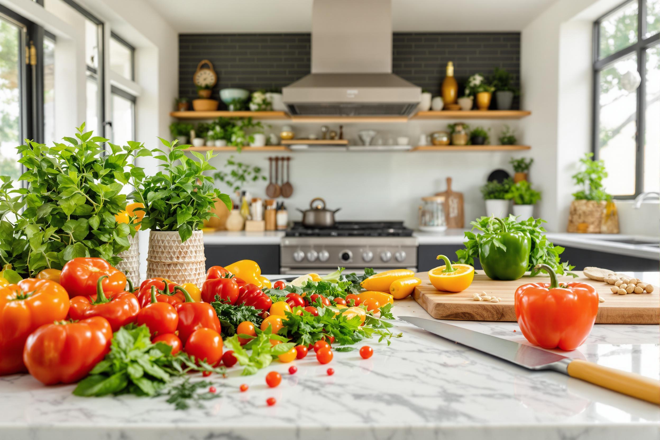 A vibrant modern kitchen bursts with color as fresh ingredients are artfully arranged on a sleek marble countertop. Juicy tomatoes, fragrant herbs, and vibrant bell peppers fill the space, glistening in the soft midday light that pours through expansive windows. A wooden cutting board and sharp knife hint at the culinary creativity unfolding in this lively setting.