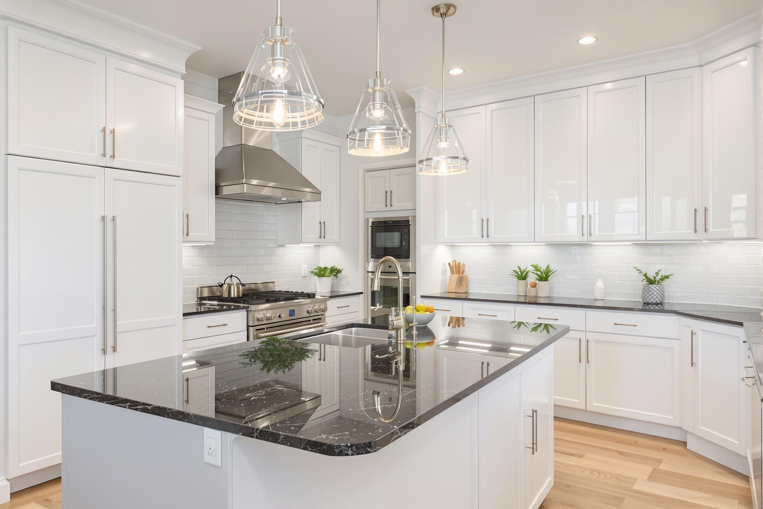 A contemporary kitchen exudes sleek modernity with glossy white cabinets and stainless steel fixtures. A central island features a dark quartz countertop, bisected by pendant lights casting warm illumination. Bright wooden floors add contrast. Potted herbs and clean-lined appliances complete this inviting space.