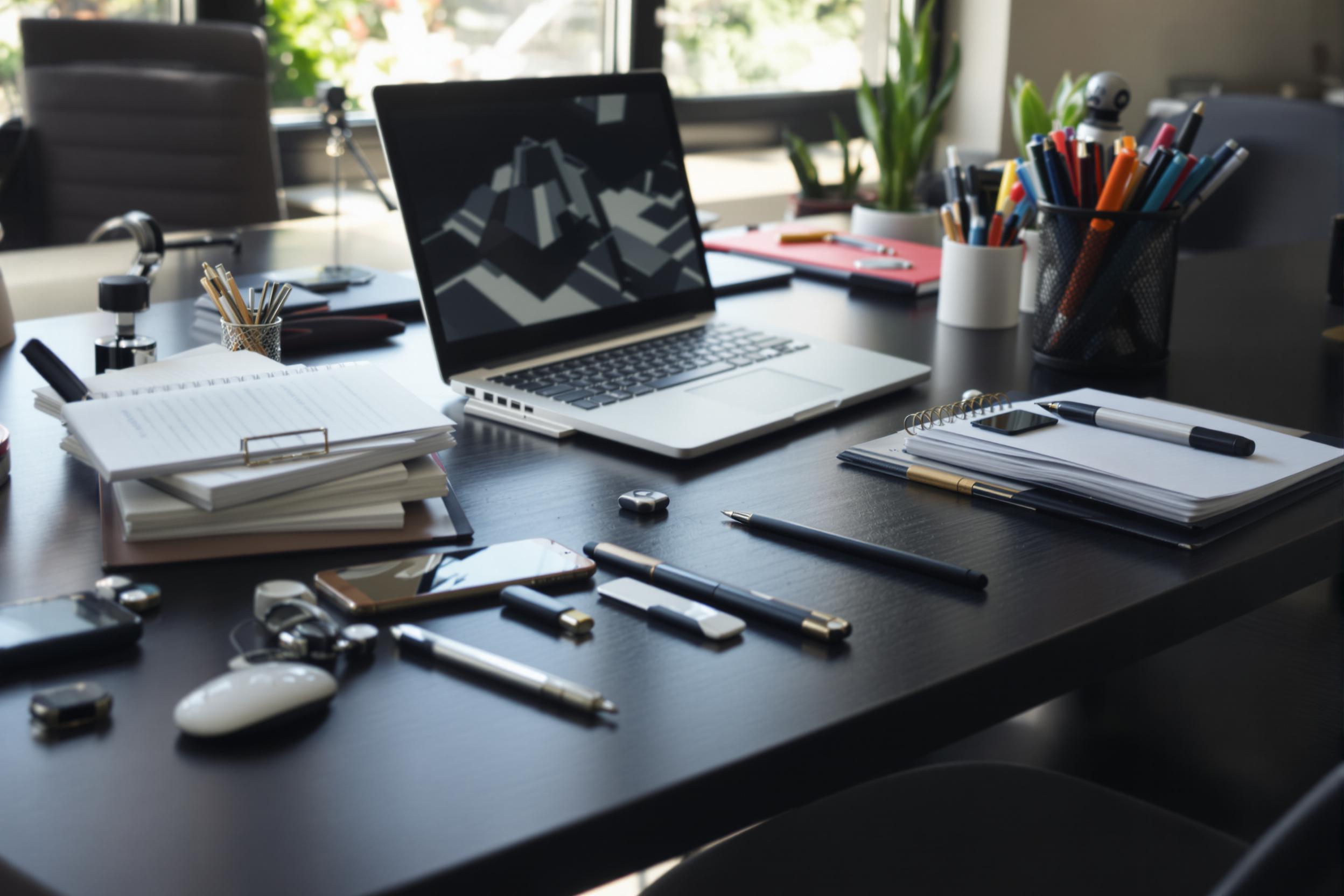 A modern office desk arranged meticulously features an array of stylish stationery and technological gadgets. A sleek laptop sits open alongside neatly stacked notebooks and colored pens in an organizer. Soft, natural light pours through a nearby window, illuminating the polished surface while casting gentle shadows that add depth to the scene.