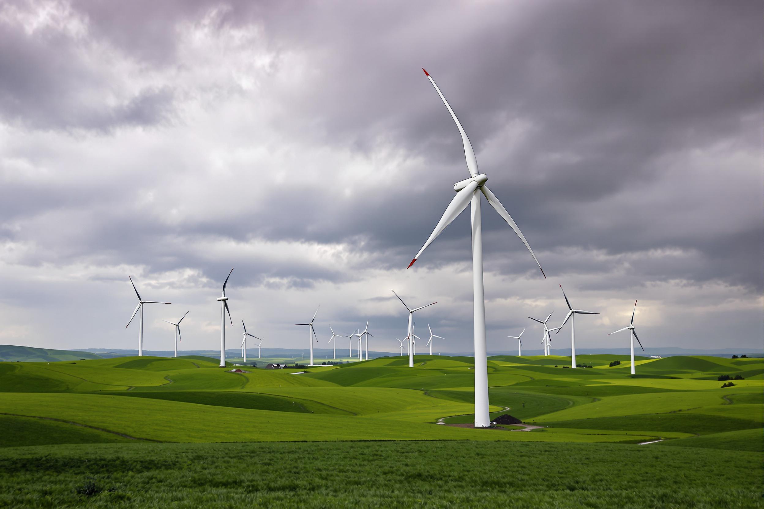 A vast expanse of green rolling hills houses a modern wind farm under looming storm clouds. Sleek white wind turbines rise prominently, their blades streaked by diffused storm light. The sky swirls with textured gray and purple tones, accentuating the stark white turbine structures. Persistent winds evoke motion despite stillness of the frame.