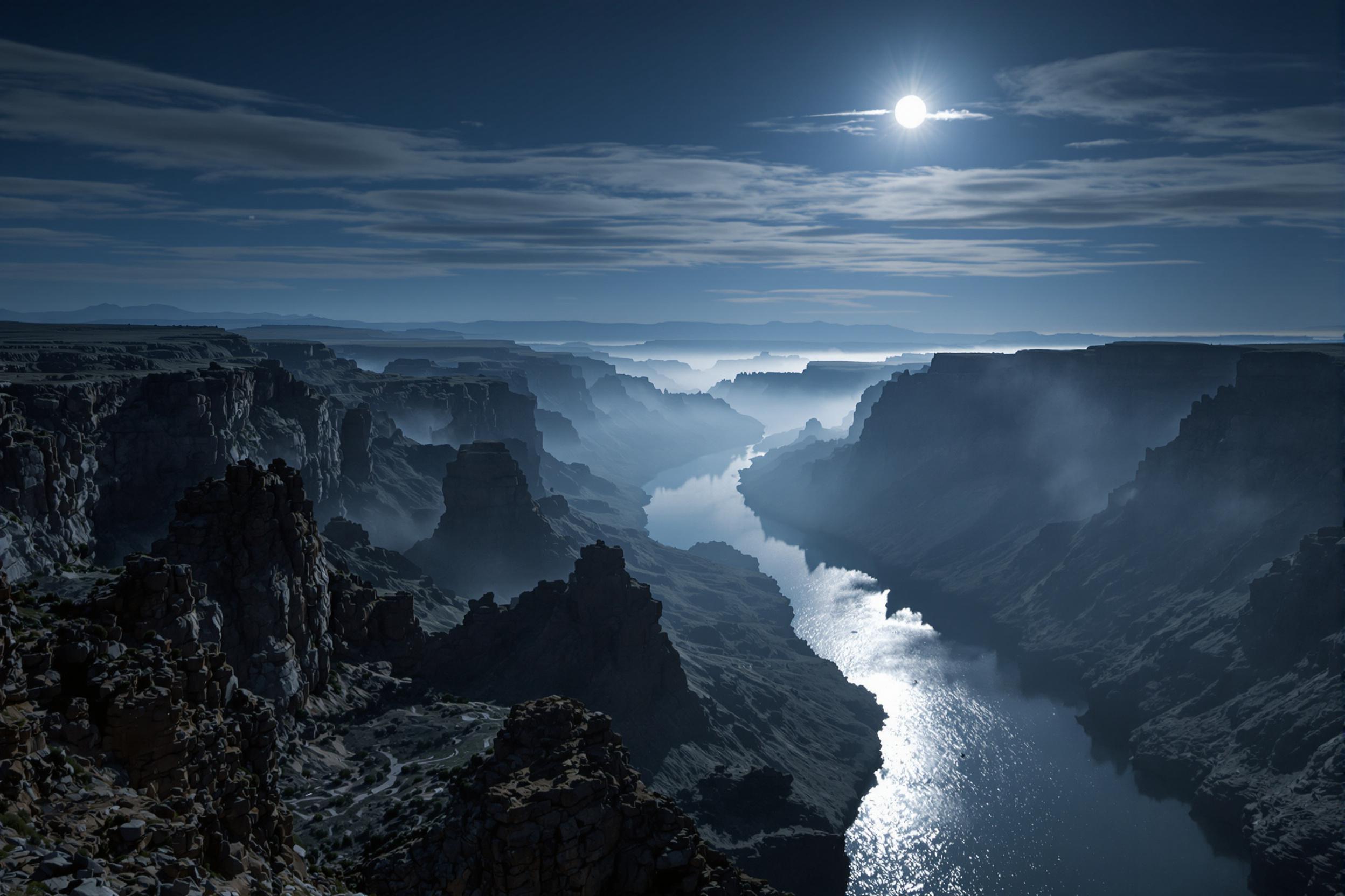 Under a tranquil midnight sky, a vast canyon dips towards a winding river that mirrors shimmering silver moonlight. Jagged cliff edges are softly lit, casting elongated shadows while thin mist hovers, blurring the boundary between water and ground. Sharp ridges contrast smooth textures, enhancing the serene, cinematic composition.