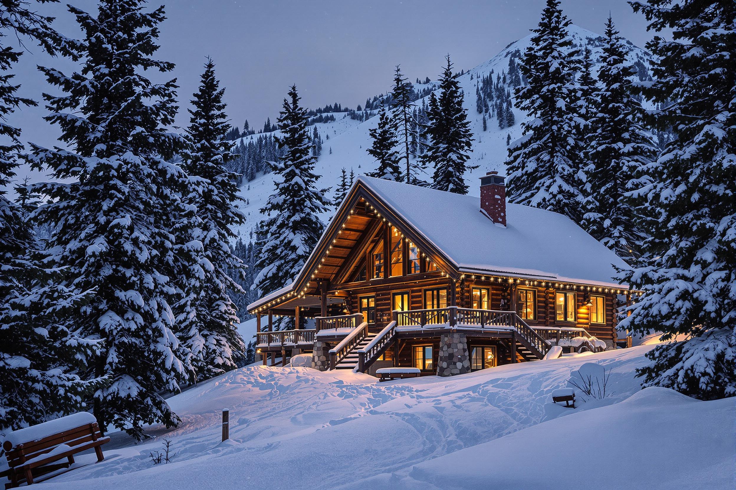 A charming wooden cabin sits nestled amid snow-draped mountains as dusk descends. Warm golden light glows through windows, inviting tranquility. Tall pine trees surround the cabin, their dark silhouettes contrasting with the soft white landscape. A gently swirling breeze stirs flurries of snowflakes, adding to the serene winter atmosphere.