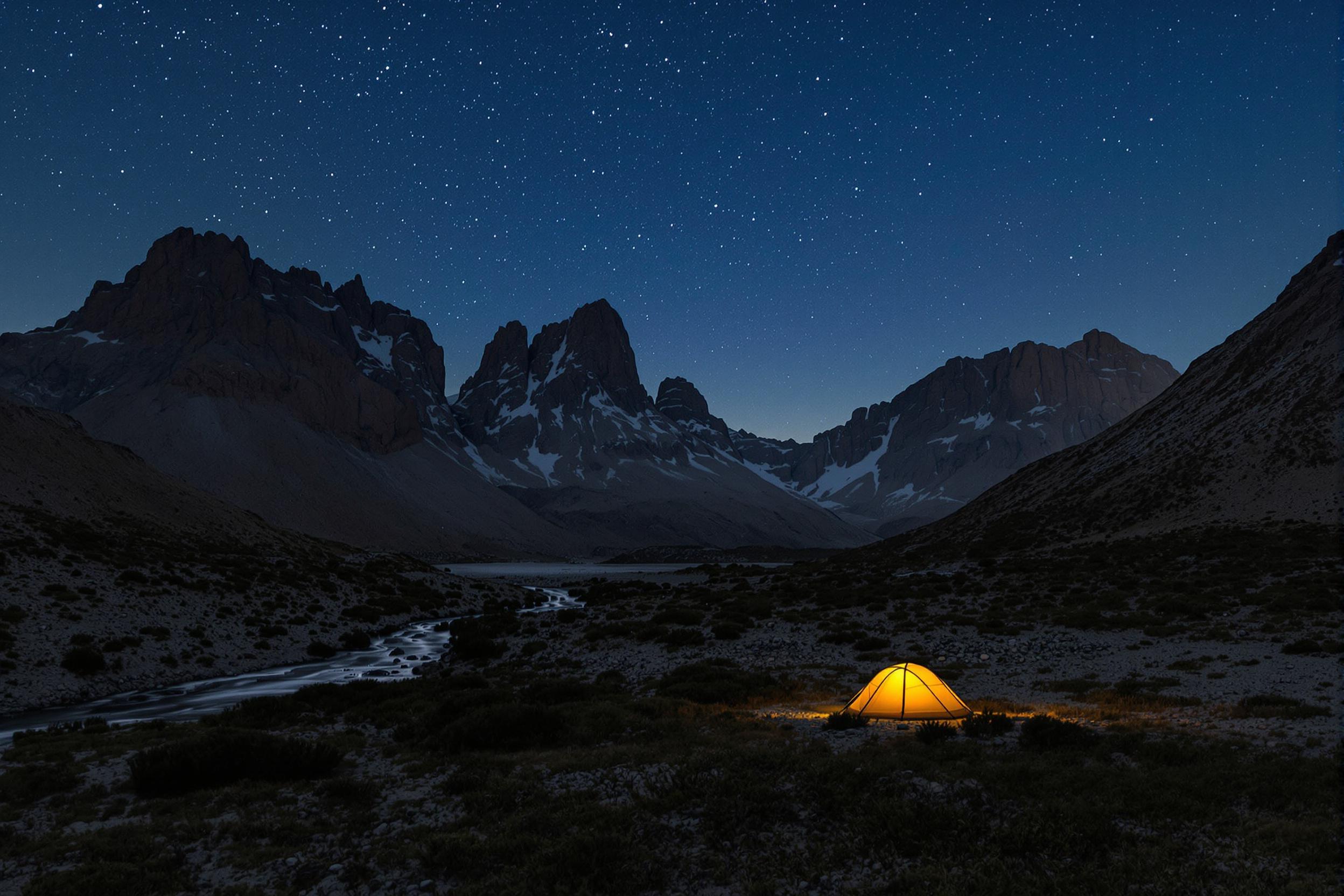 Beneath a twilight-hued sky, a solitary yellow tent glows softly amidst a wide-open mountain valley. A gentle stream reflects streaks of starlight and jagged peaks loom quietly under a deep blue canopy scattered with stars. Sparse shrubs dot the rocky terrain, adding texture to the serene landscape.