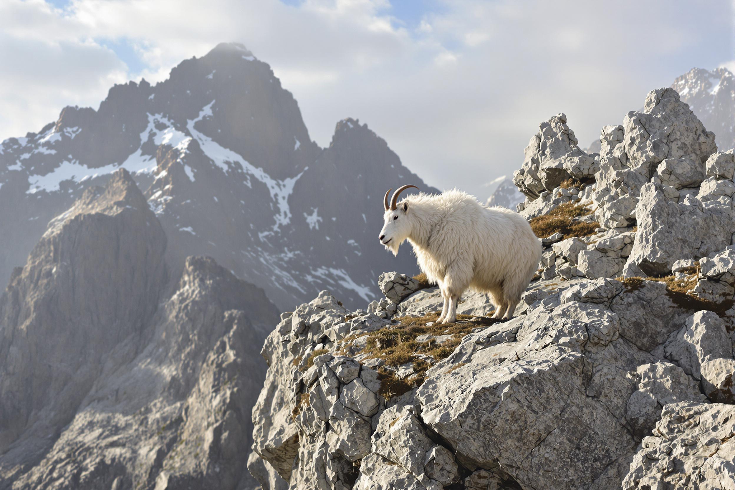 A mountain goat stands confidently on a jagged cliffside in an alpine setting bathed in late afternoon light. Its shaggy white coat contrasts against rugged gray rocks, highlighted by soft sunlight peeking through scattered clouds. Snow-capped peaks loom in the hazy backdrop, adding depth and emphasizing its precarious, wild perch.