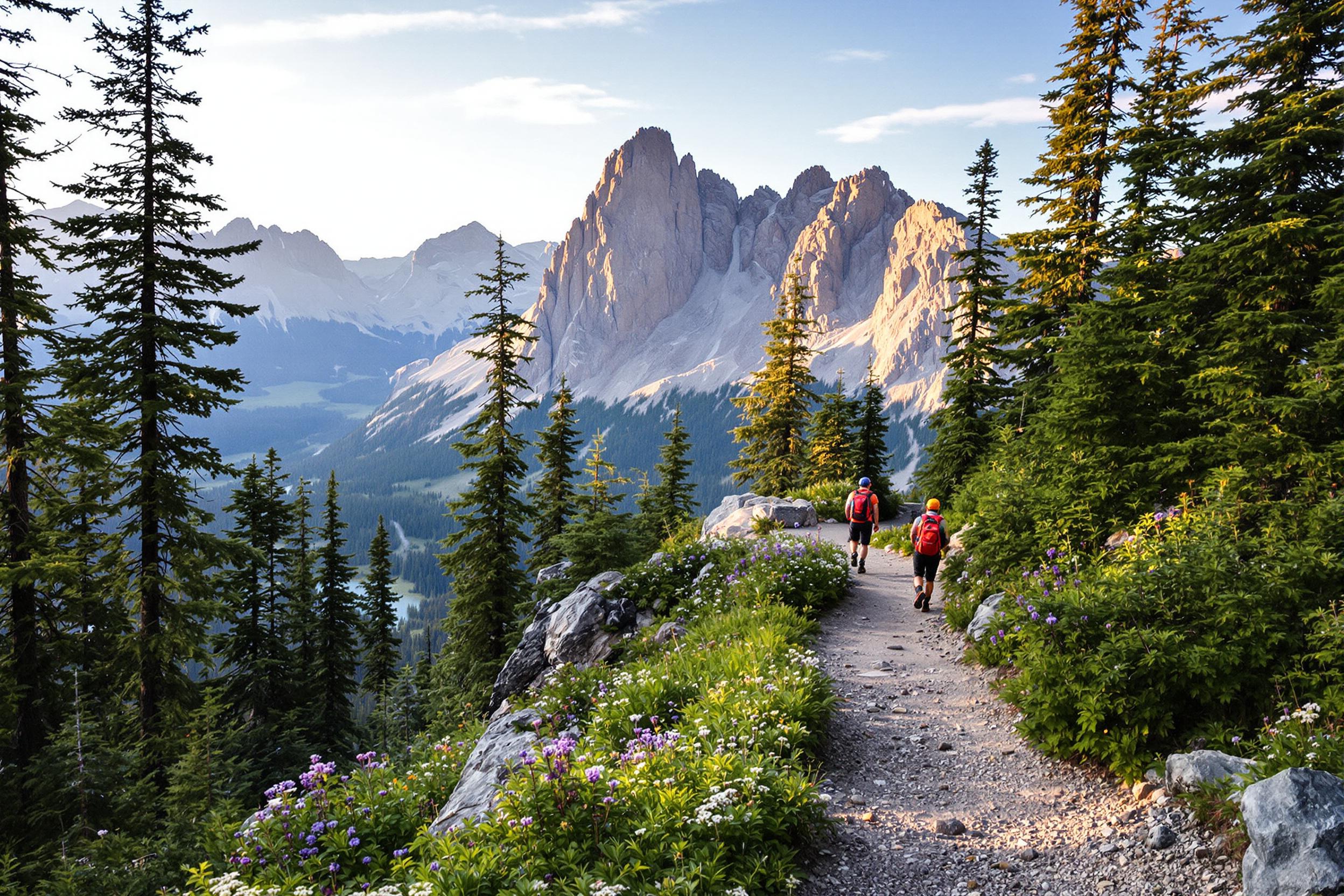 A breathtaking mountain trail winds through lush greenery, inviting hikers to explore. The path, dotted with rocks and wildflowers, leads towards majestic peaks bathed in warm afternoon sunlight. Two hikers, clad in colorful gear, admire the stunning views from an elevation, while tall pines frame the scene, enhancing the serene environment.