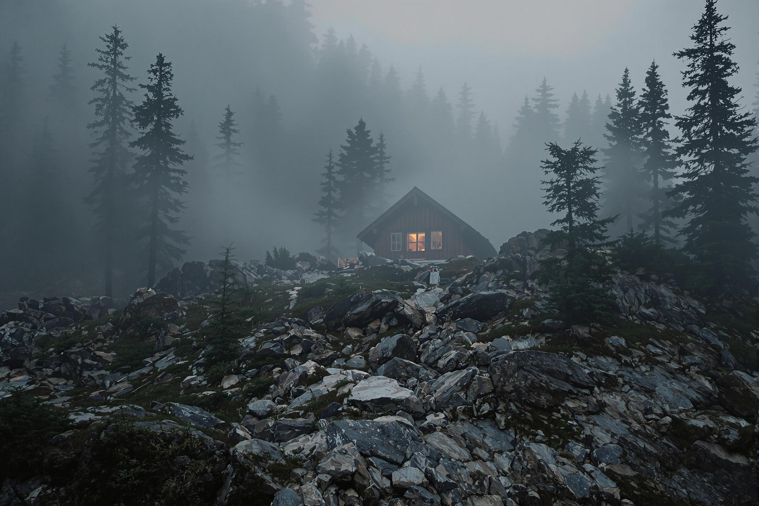 A solitary mountain hut sits atop a rocky outcrop, encircled by a shrouded forest bathed in dawn’s muted hues. Slender pine trees form vertical silhouettes fading into early morning mist. Warm light glows faintly behind frosted windows. Rugged ground layers cast textured shadows, adding depth to the wild mountain wilderness.