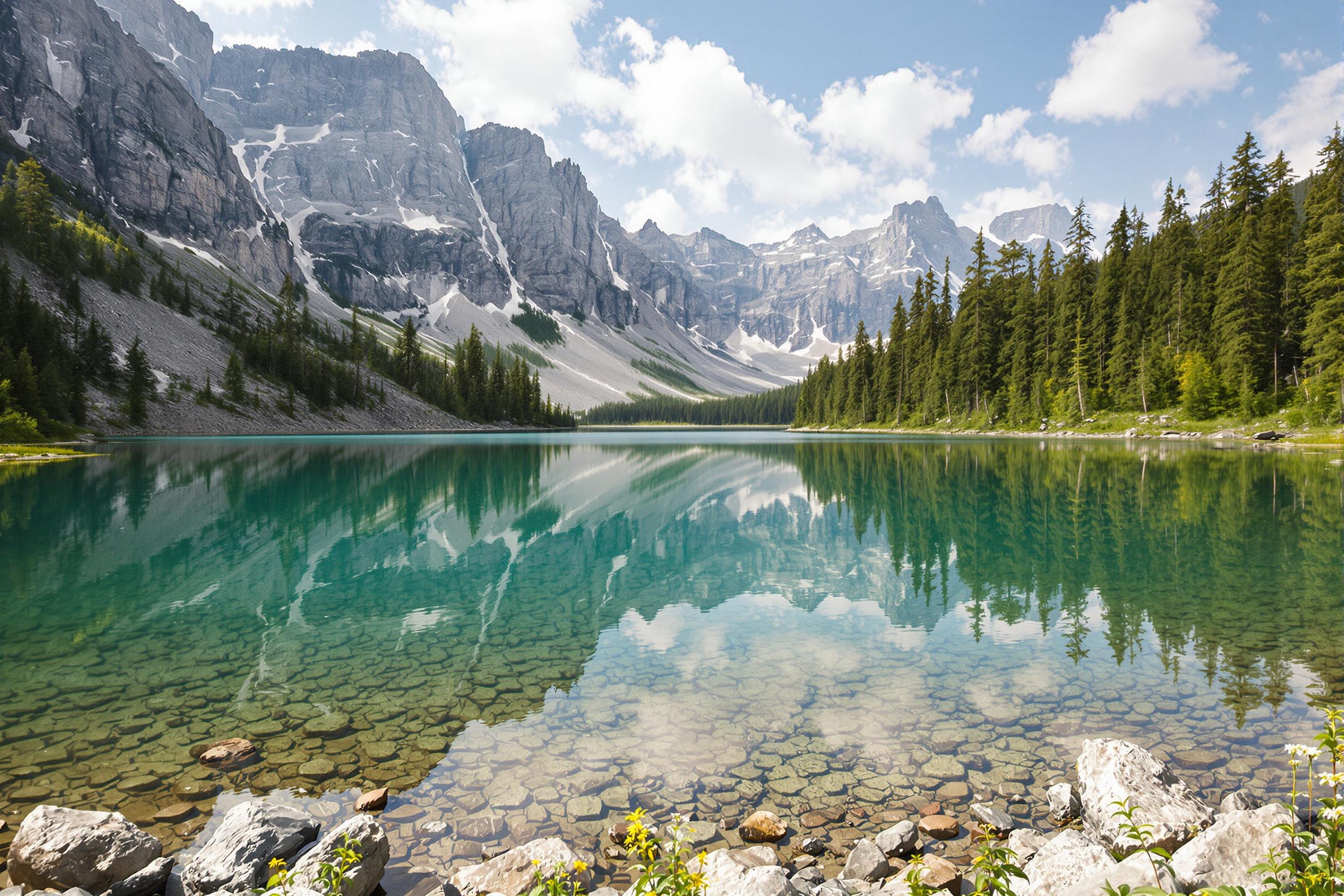 A scenic mountain lake reflects towering pine trees and rugged peaks. Soft morning light bathes the clear water in hues of blue and green, creating a tranquil atmosphere. Wispy clouds float above, and the shoreline is dotted with smooth stones and delicate wildflowers, enhancing the serene beauty of this outdoor haven.