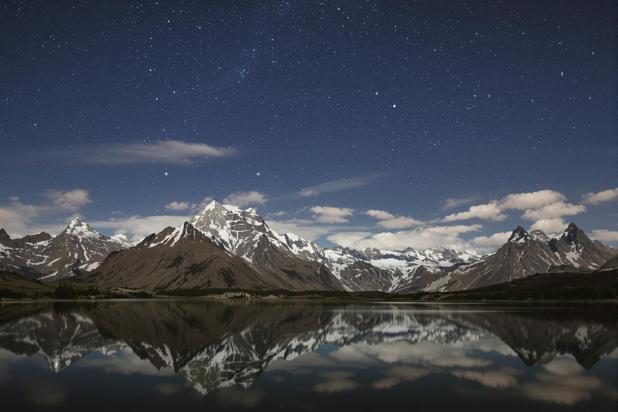 A breathtaking mountain landscape stretches under a twinkling starry sky. Majestic peaks rise sharply above a serene lake, their rugged surfaces illuminated by faint moonlight. The still water reflects the star-filled sky, creating a mirror-like effect that enhances the sense of tranquility. Wispy clouds drift lazily across the celestial canvas, casting delicate shadows on the landscape below.