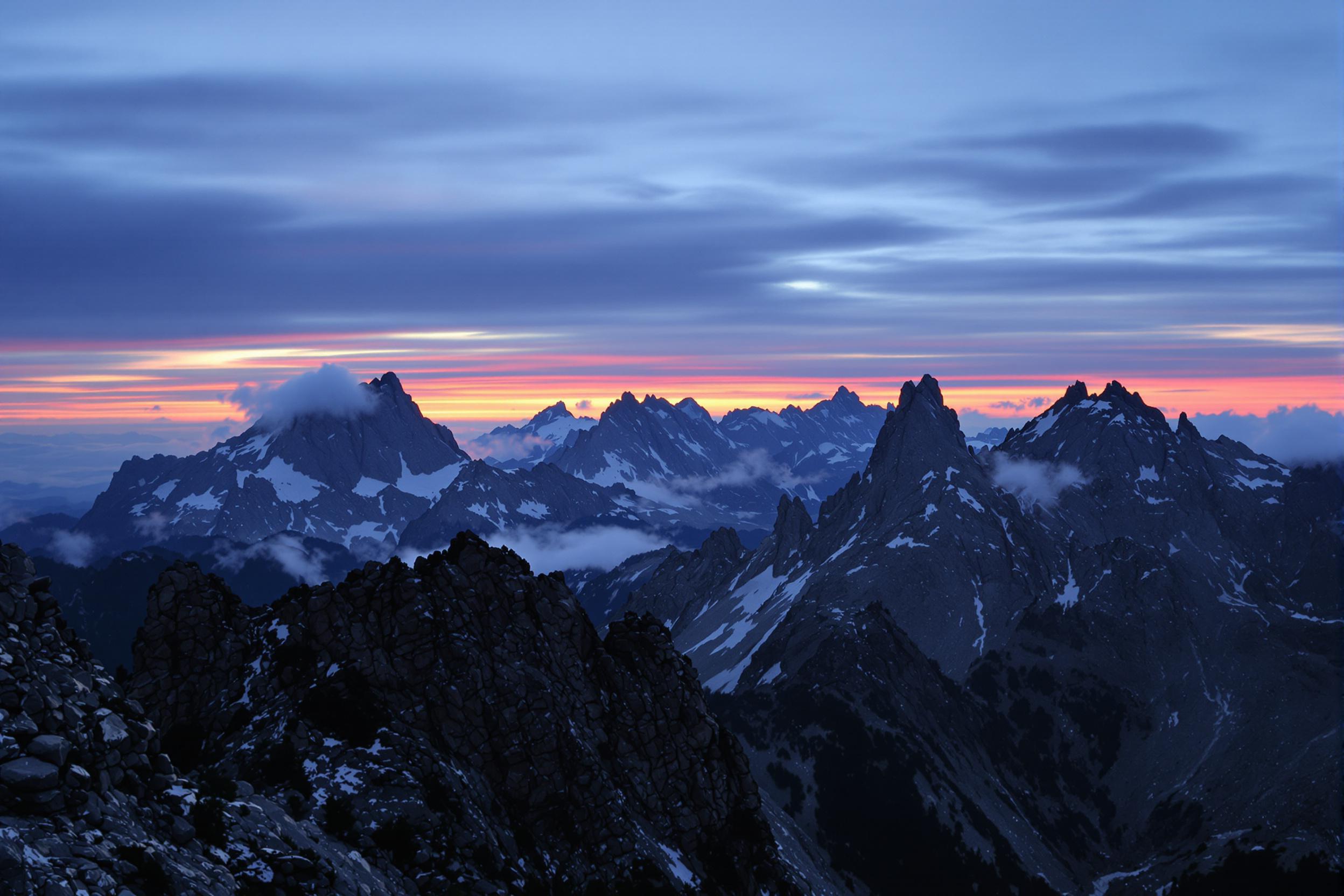 A majestic mountain landscape unfolds at dusk, where jagged peaks pierce the sky. The horizon glows with warm oranges and purples as the sun sets, creating a striking contrast against the deepening blue overhead. Wispy clouds swirl around the mountaintops, enhancing the dramatic nature of the scene while rocky slopes lead the viewer's gaze into the vast wilderness.