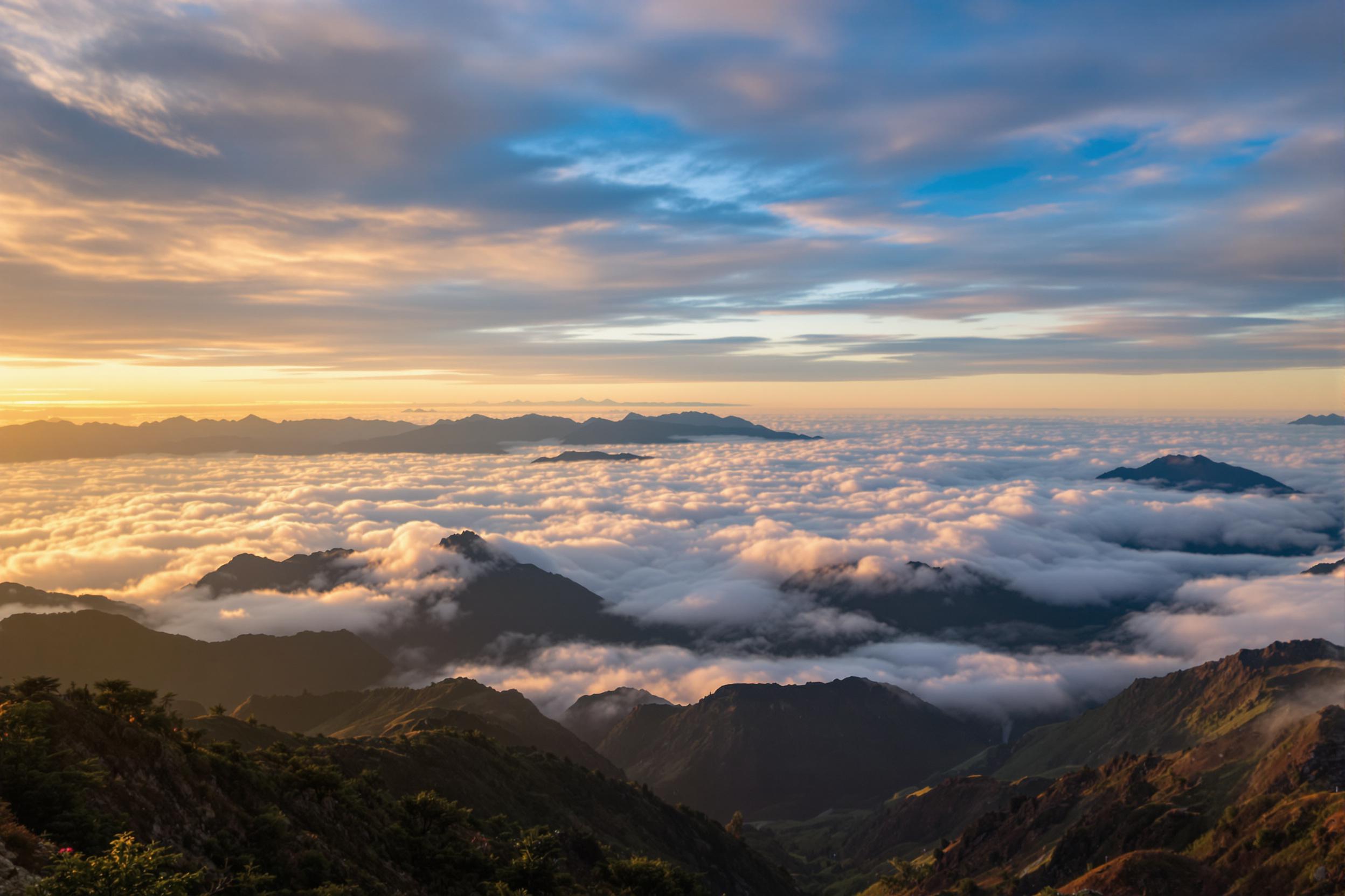 A breathtaking view from a mountain peak reveals expansive valleys blanketed in rolling clouds. The golden hour bathes the landscape in warm hues, accentuating deep greens and earthy browns below. Sunlight dances across the terrain, creating an ethereal atmosphere as shadowy forms loom beneath a vibrant sky, inviting adventure.