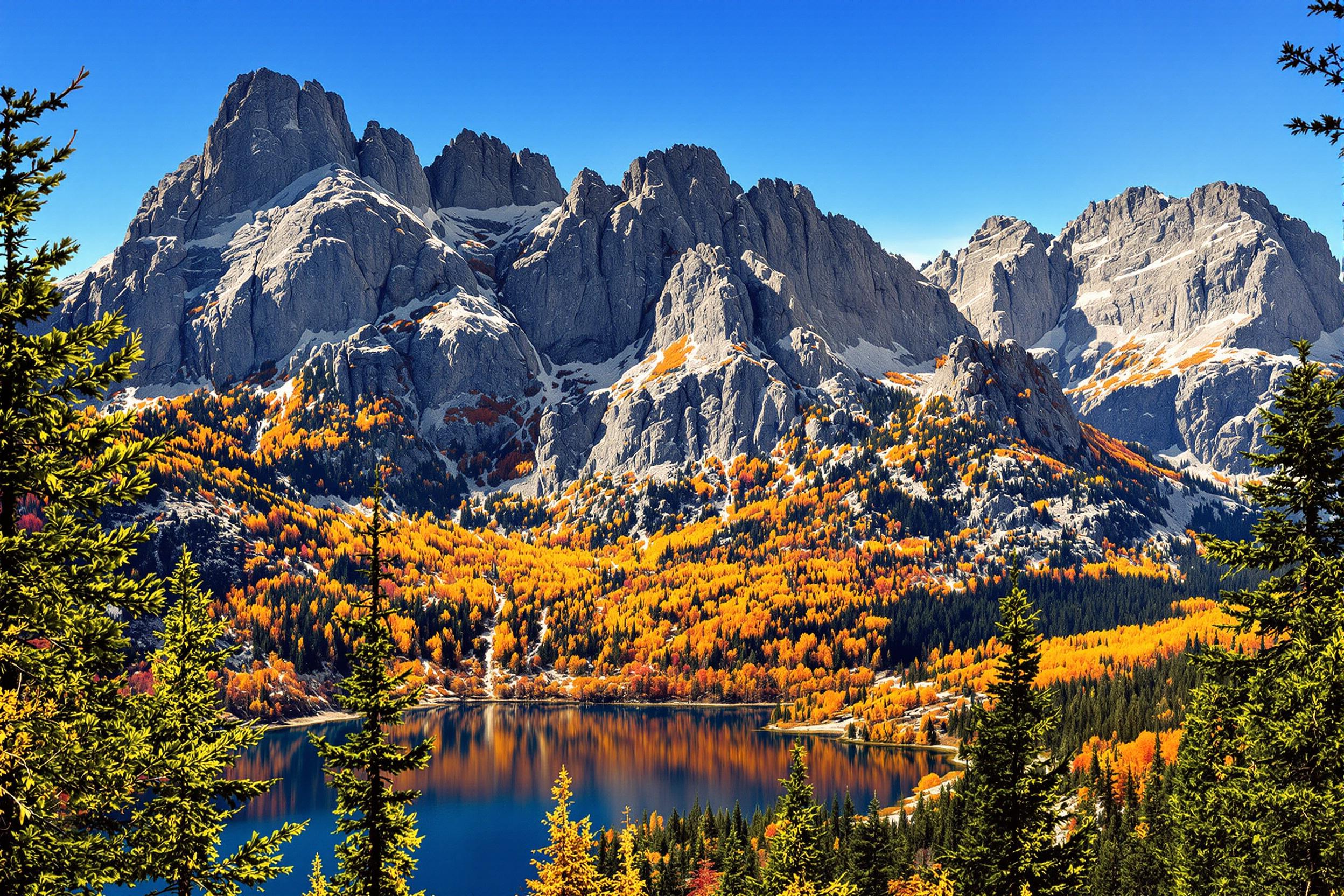 A panoramic mountain landscape emerges in brilliant autumn hues. Towering peaks rise majestically, their jagged edges adorned with a tapestry of orange, yellow, and red leaves. Beneath them, a crisp blue lake reflects the kaleidoscope above, while pine trees frame the scene, completing this tranquil wilderness vista.