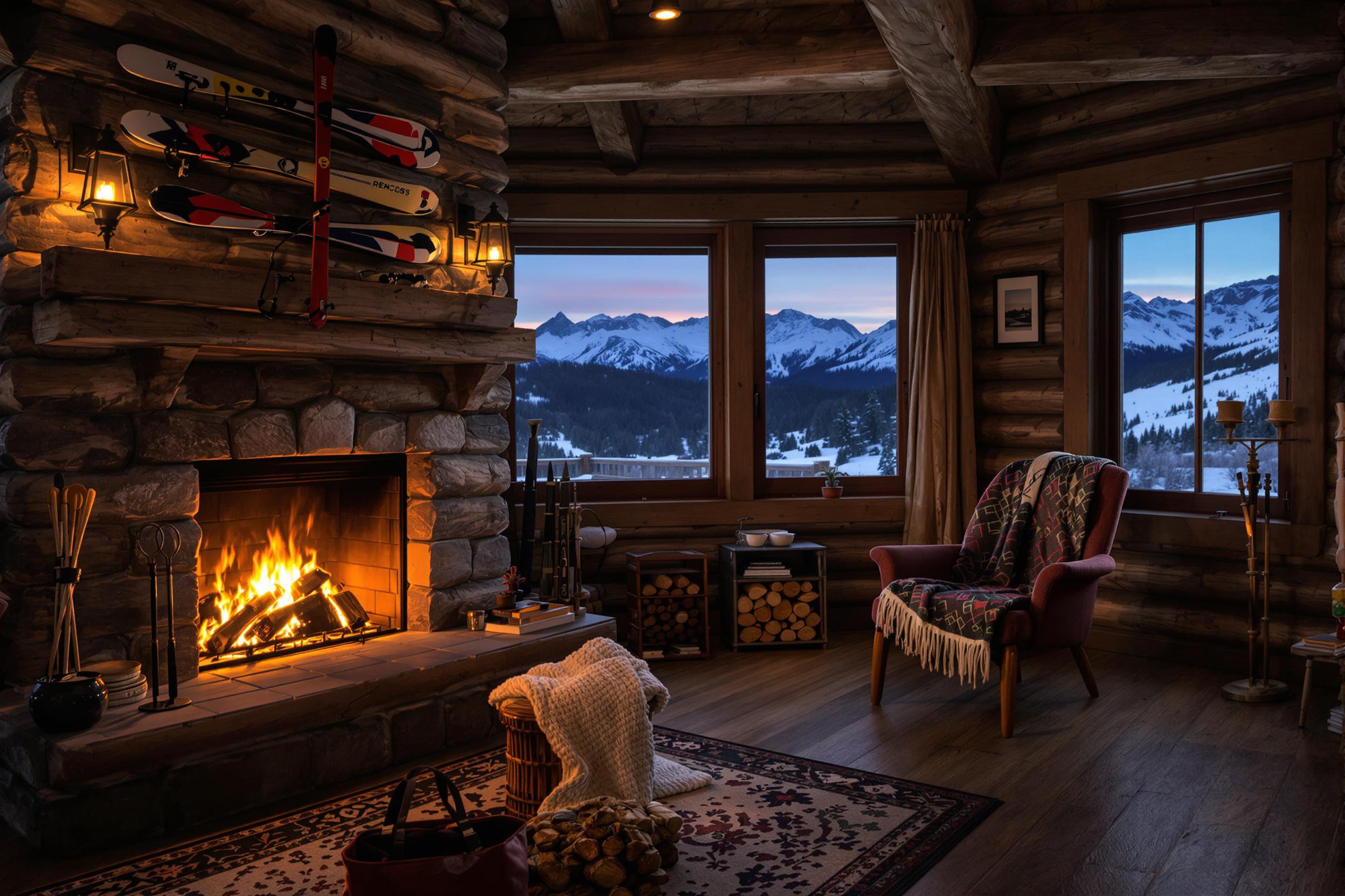 A cozy fireplace sits at the heart of a rustic mountain lodge, surrounded by log walls adorned with vintage ski gear. Flickering flames cast a warm glow across the room, illuminating a plush armchair draped with a knitted blanket. On the hearth, stacked logs add to the comforting ambiance as soft shadows dance on well-worn wooden floors. Nearby, a window reveals snow-capped mountains under a dusky sky.