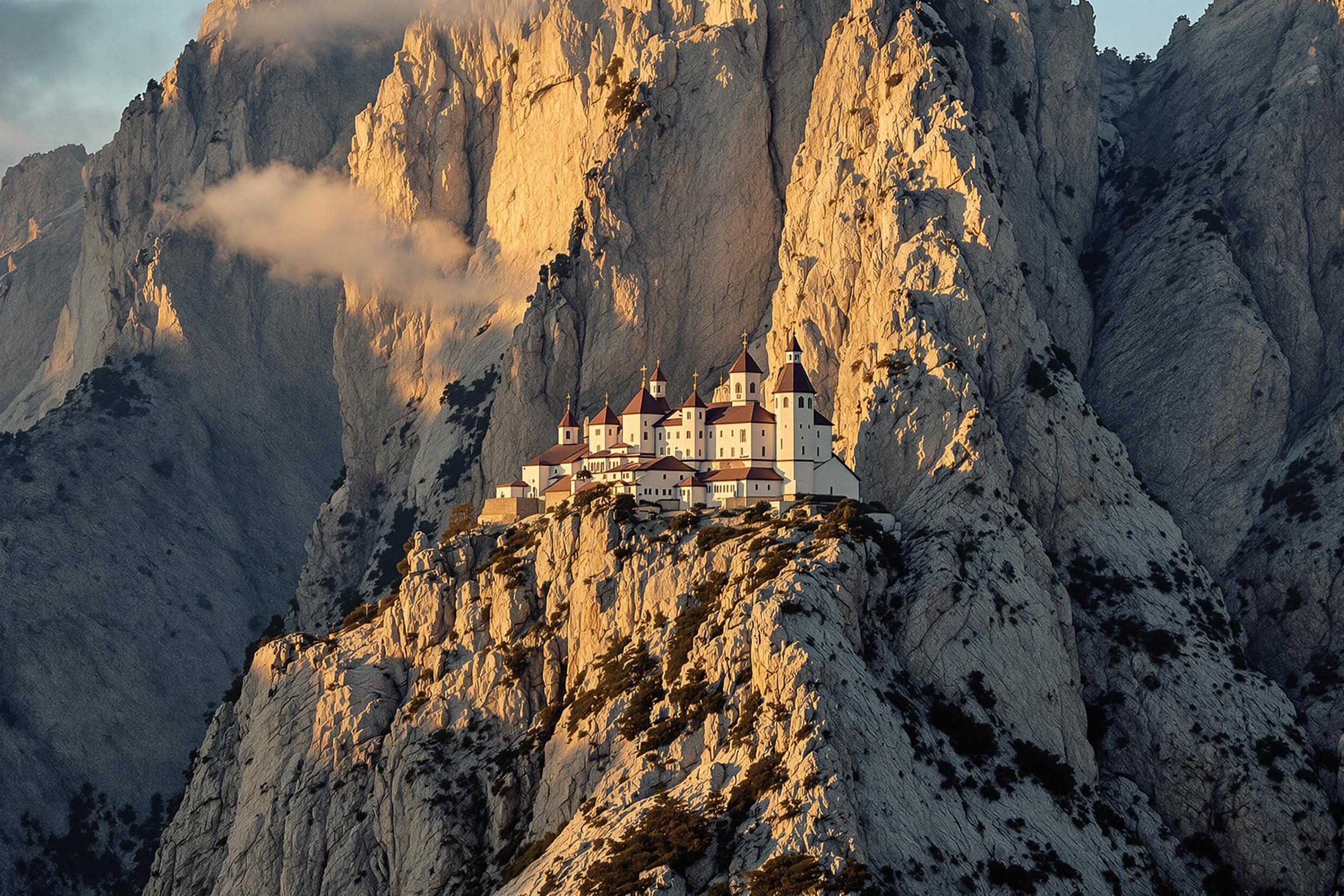 A solitary monastery crowns a steep, rugged mountain cliff, bathed in soft golden hour light. The isolated structure contrasts against barren rocky terrain and scattered alpine vegetation below. Dramatic shadows carve through the jagged peaks, while faint cloud wisps soften the otherwise stark scene.