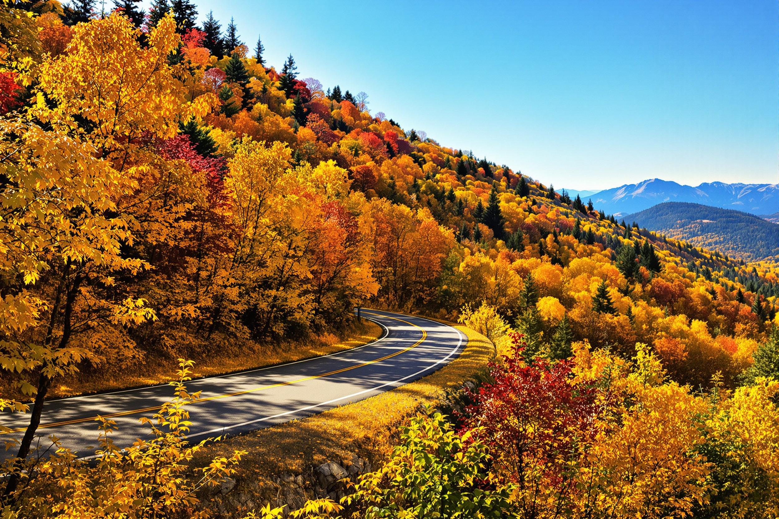 A winding mountain road snakes through a dense forest of vibrant autumn leaves. Golden sunlight filters through the trees, casting soft shadows along the asphalt. The rich oranges, reds, and yellows of the foliage create a stunning contrast against the serene blue sky. Distant peaks rise majestically, adding depth to the peaceful scene.