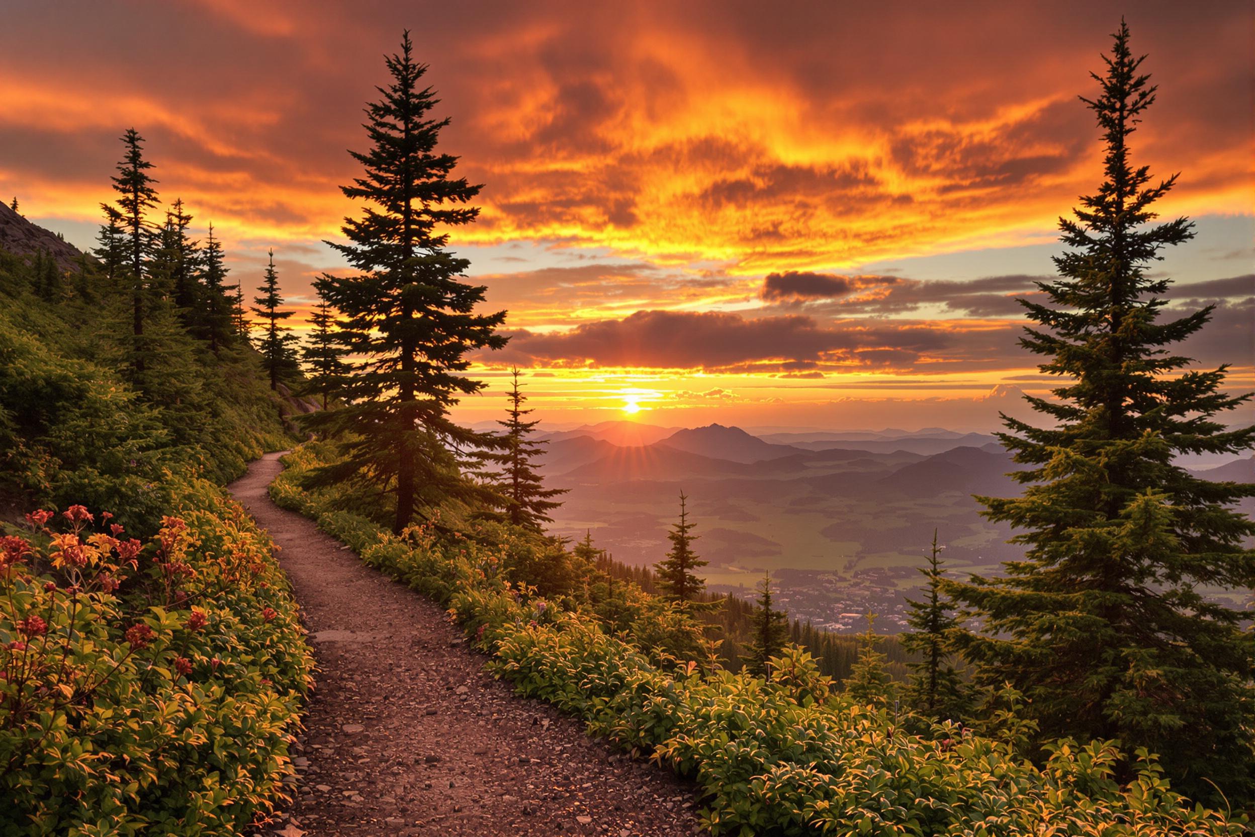 A breathtaking mountain trail winds its way through lush greenery, leading to a panoramic view of a tranquil valley below. The sky is painted with warm hues of orange and pink as the sun sets behind distant peaks, casting a golden glow over the landscape. Towering pine trees frame the path, their rich green contrasting against the vivid sky.