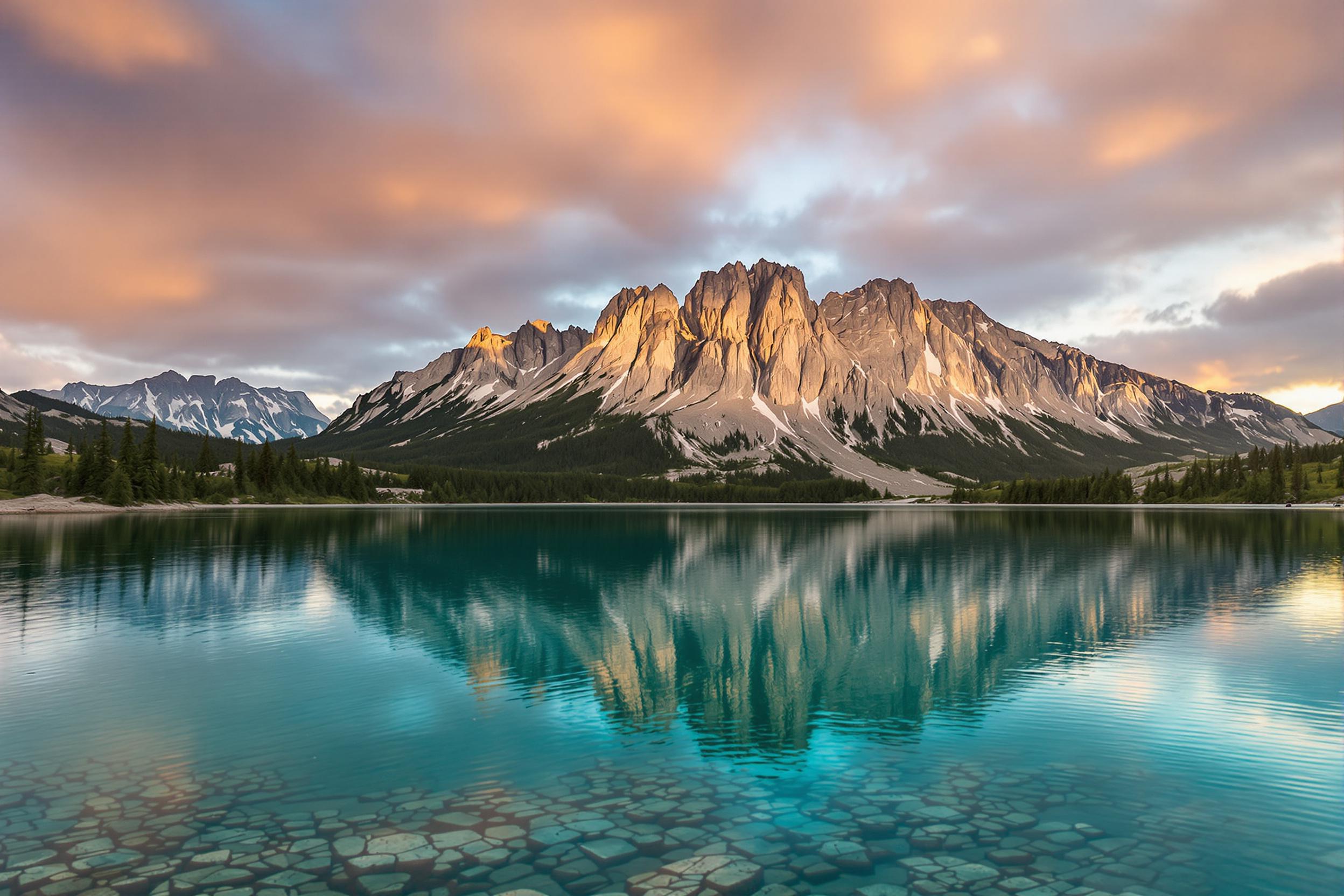 A breathtaking view of a majestic mountain range is mirrored perfectly in the still waters of a lake. The golden hues of sunset cascade across the sky, illuminating the rocky peaks that tower above. Soft blues and greens of the lake add serenity to the scene, enhancing the tranquility as gentle ripples create delicate patterns at the water's edge.