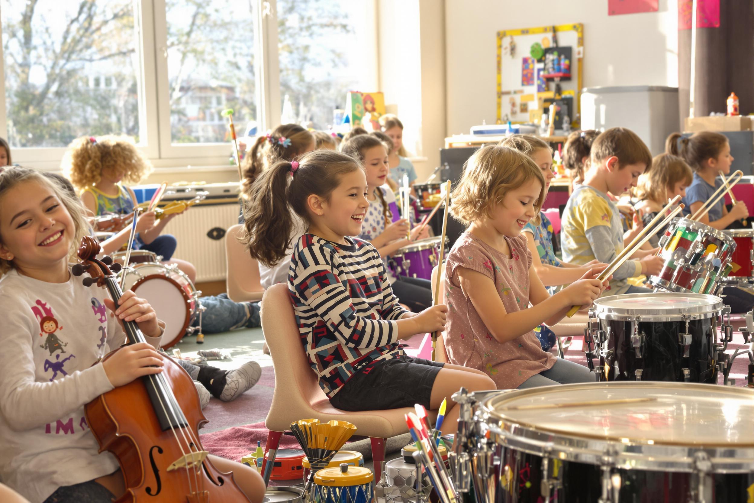 A spirited music class bursts with energy as children joyfully play various instruments in a sunlit classroom. Lively melodies fill the air, while bright sunlight illuminates their cheerful faces. Colorful instruments, including violins and drums, are scattered around, enhancing the vibrant atmosphere of creativity and learning.