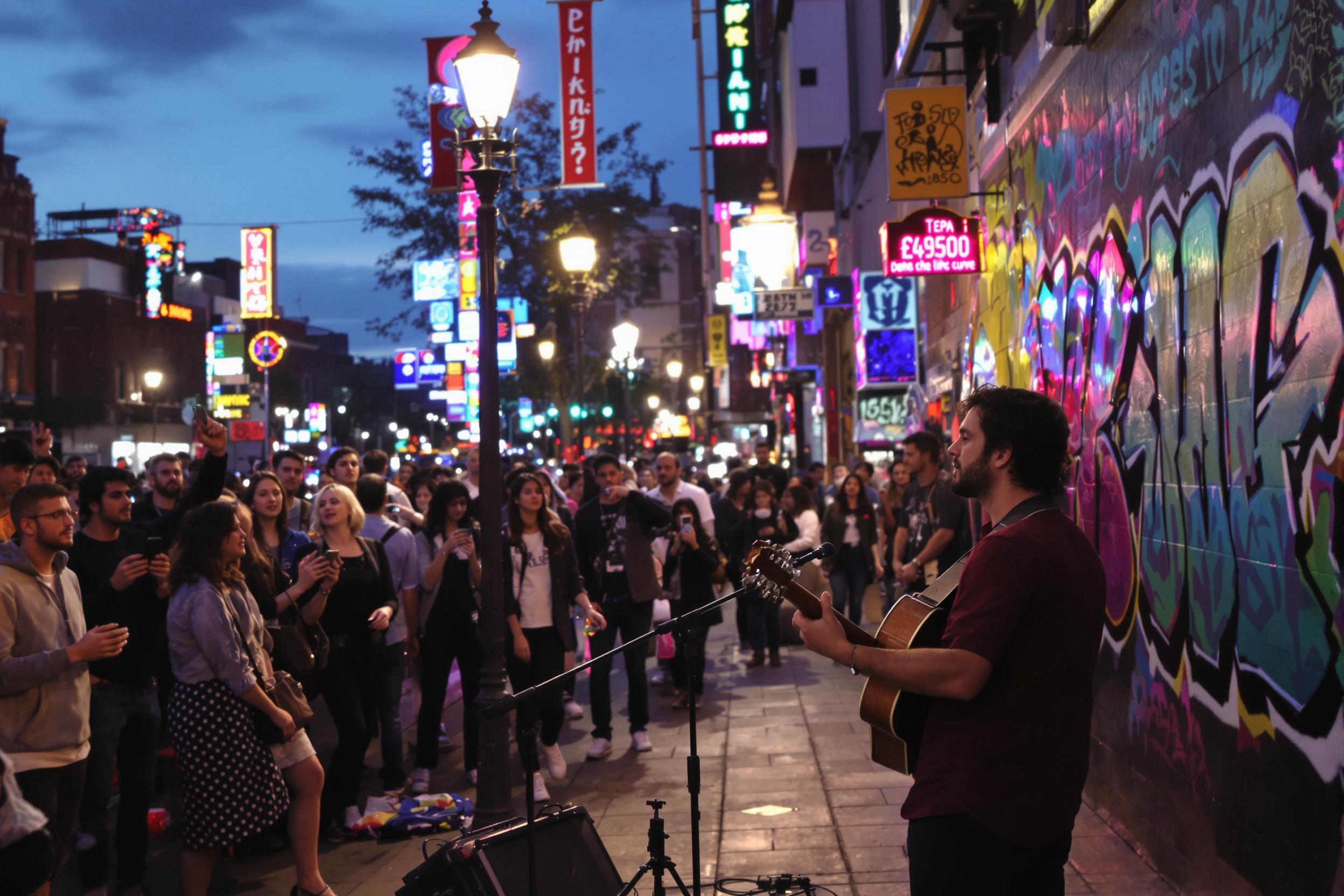 A talented street musician captivates an audience in a bustling urban area. The artist plays an acoustic guitar, surrounded by vibrant city lights as dusk settles. Enthusiastic listeners engage, some dancing while others record the performance on their phones. Colorful graffiti adorns nearby walls, adding to the lively atmosphere.