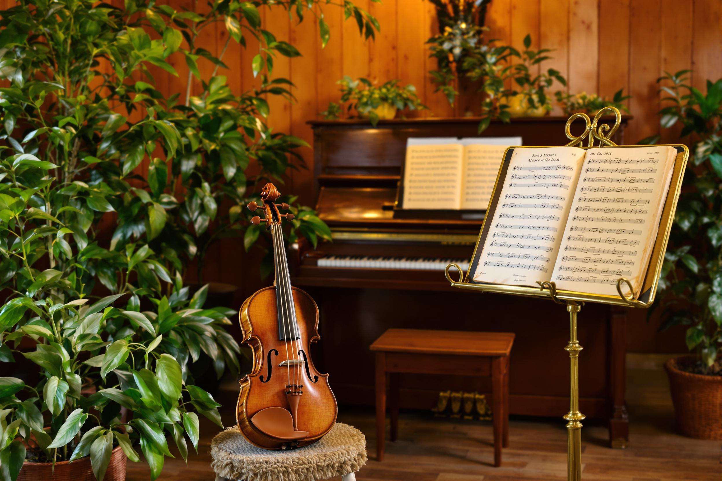 Against the backdrop of warm wooden walls, a rustic music room comes into focus. A weathered violin rests gracefully on a small stool in the foreground; aged sheet music is displayed elegantly on a brass stand. An upright piano anchors the background amid lush green potted plants. Golden, diffused lighting bathes the scene, evoking nostalgic charm.