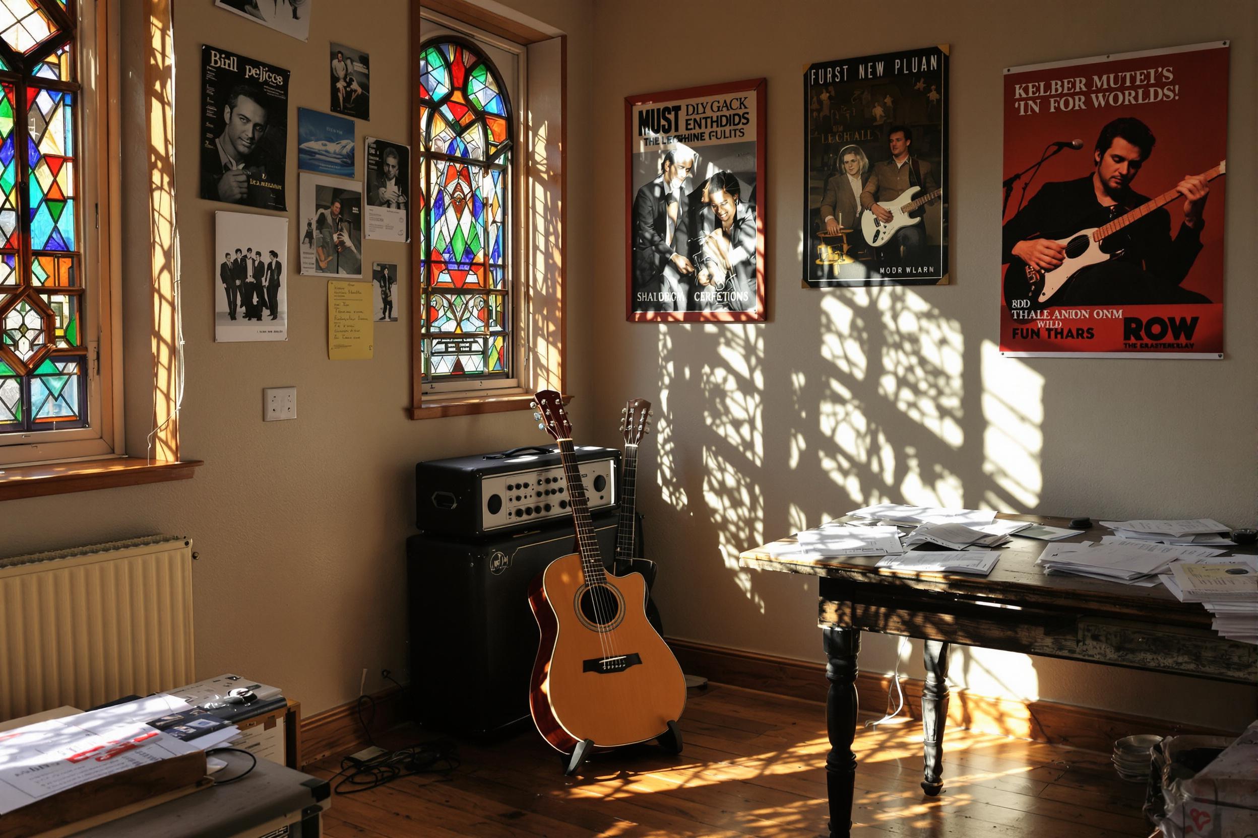 An intimate music studio exudes creativity, adorned with an acoustic guitar resting against a vintage amplifier. Sunlight filters gently through stained glass windows, casting colorful patterns on the wooden floor. Posters of legendary musicians line the walls, while sheet music is scattered atop a rustic table, inviting inspiration. An inviting ambiance encourages artistic exploration.