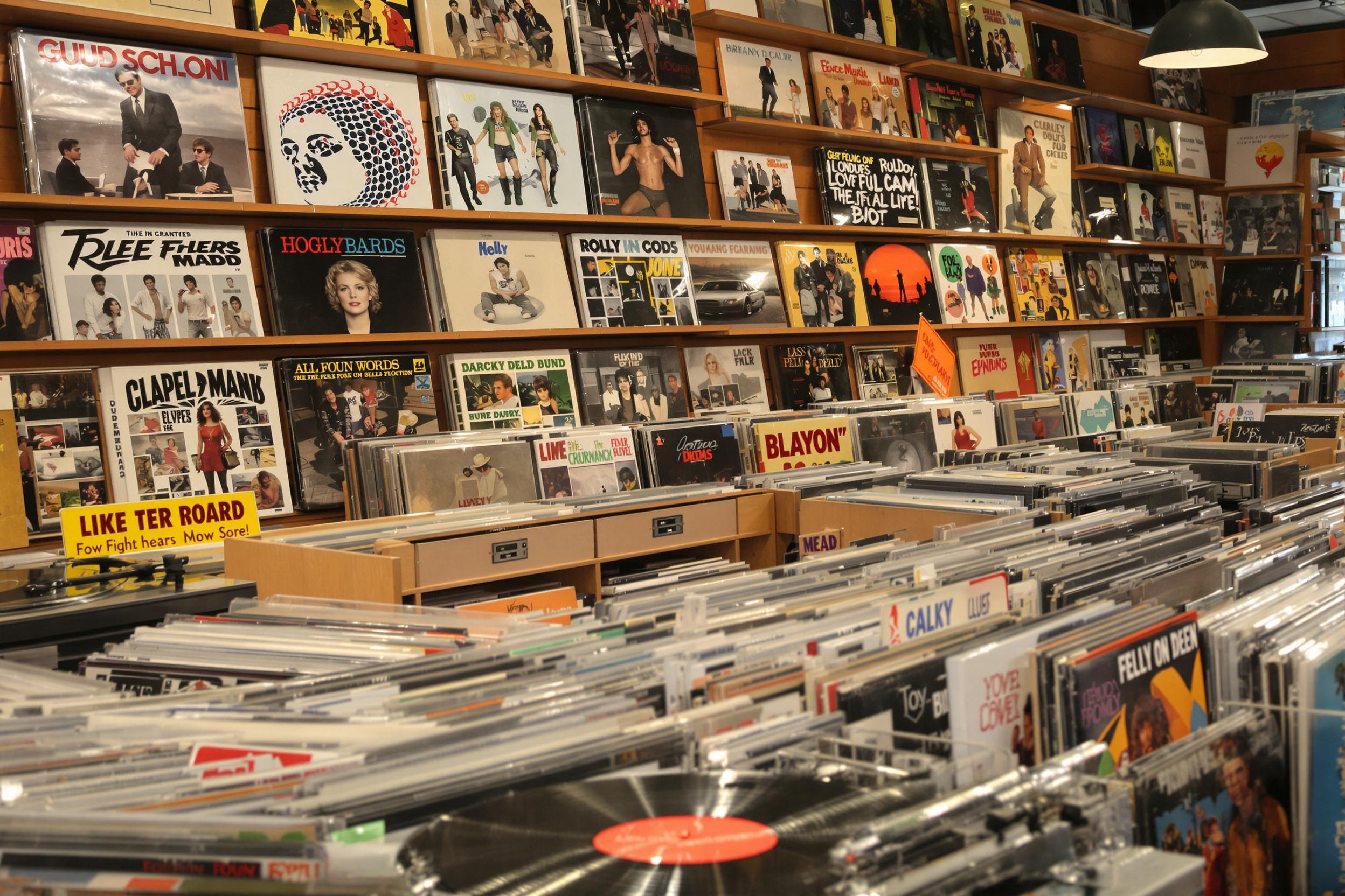 A nostalgic scene of vintage vinyl records in a retro music store. Rows of colorful album covers line wooden shelves, with warm lighting creating a cozy atmosphere. A record player sits in the foreground, playing a classic tune.