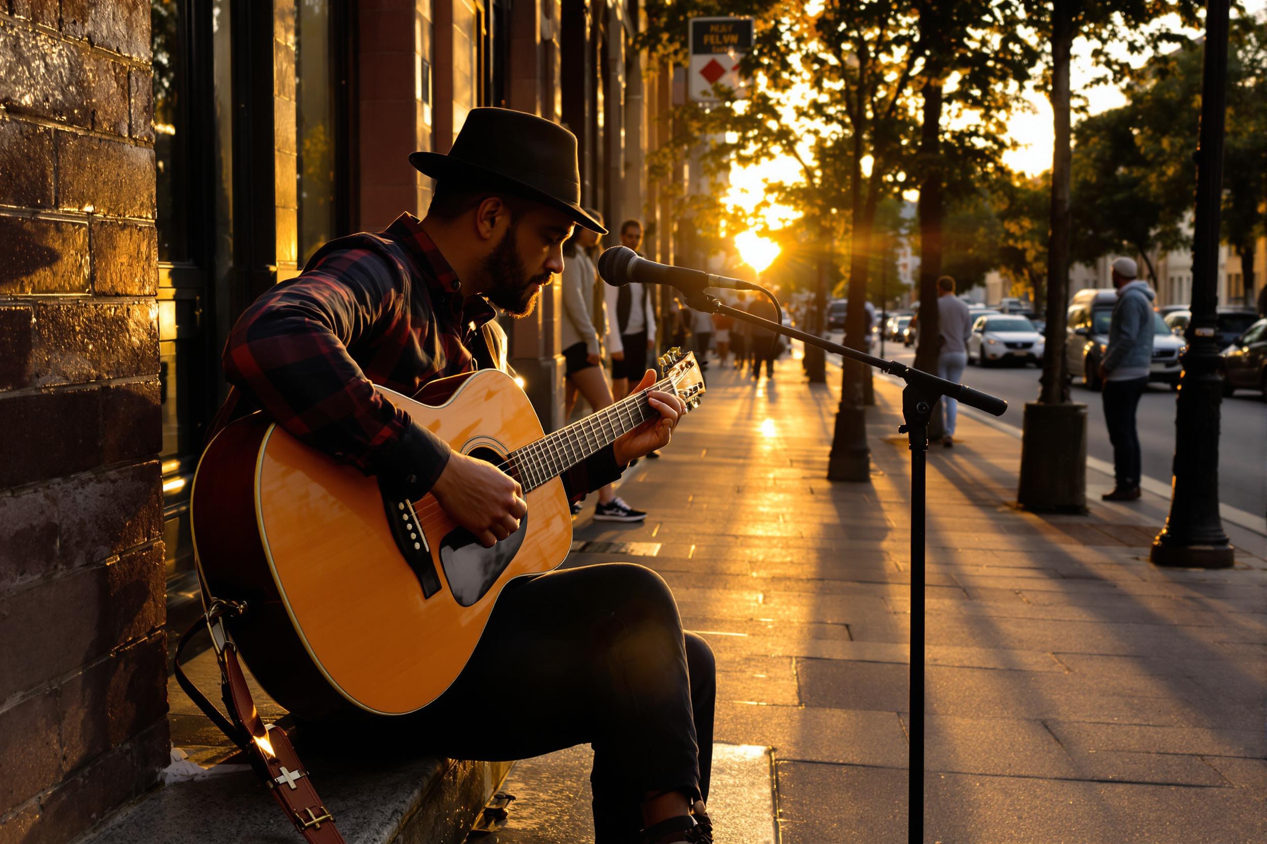 A soulful street musician playing an acoustic guitar at sunset. The guitarist sits on a city stoop, bathed in golden hour light. Passersby stop to listen, creating a spontaneous urban concert scene.