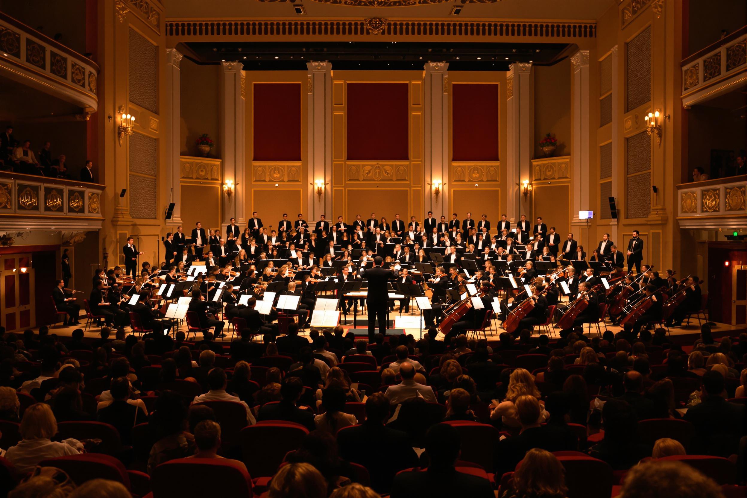 An elegant classical orchestra performance in a grand concert hall. The conductor, silhouetted against the warm stage lights, leads a full ensemble of musicians. The audience watches in rapt attention from plush red seats.