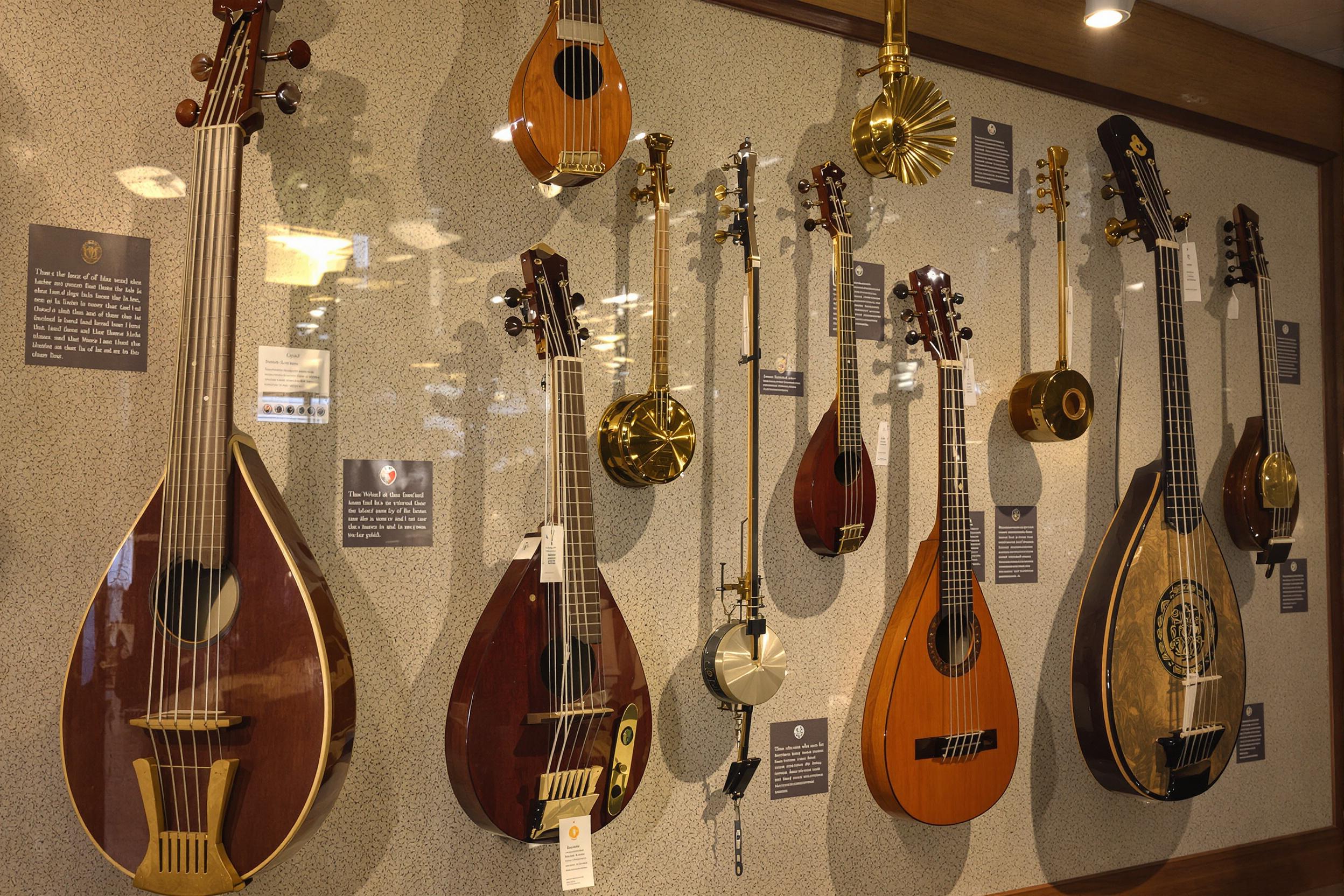 An artistic display showcases an array of traditional musical instruments mounted against a textured wall. The vibrant hues of the instruments vary from deep mahogany to bright brass, reflecting the warm, diffused light filtering through the room. Strings, keys, and patterns are highlighted, inviting appreciation for craftsmanship and cultural heritage.