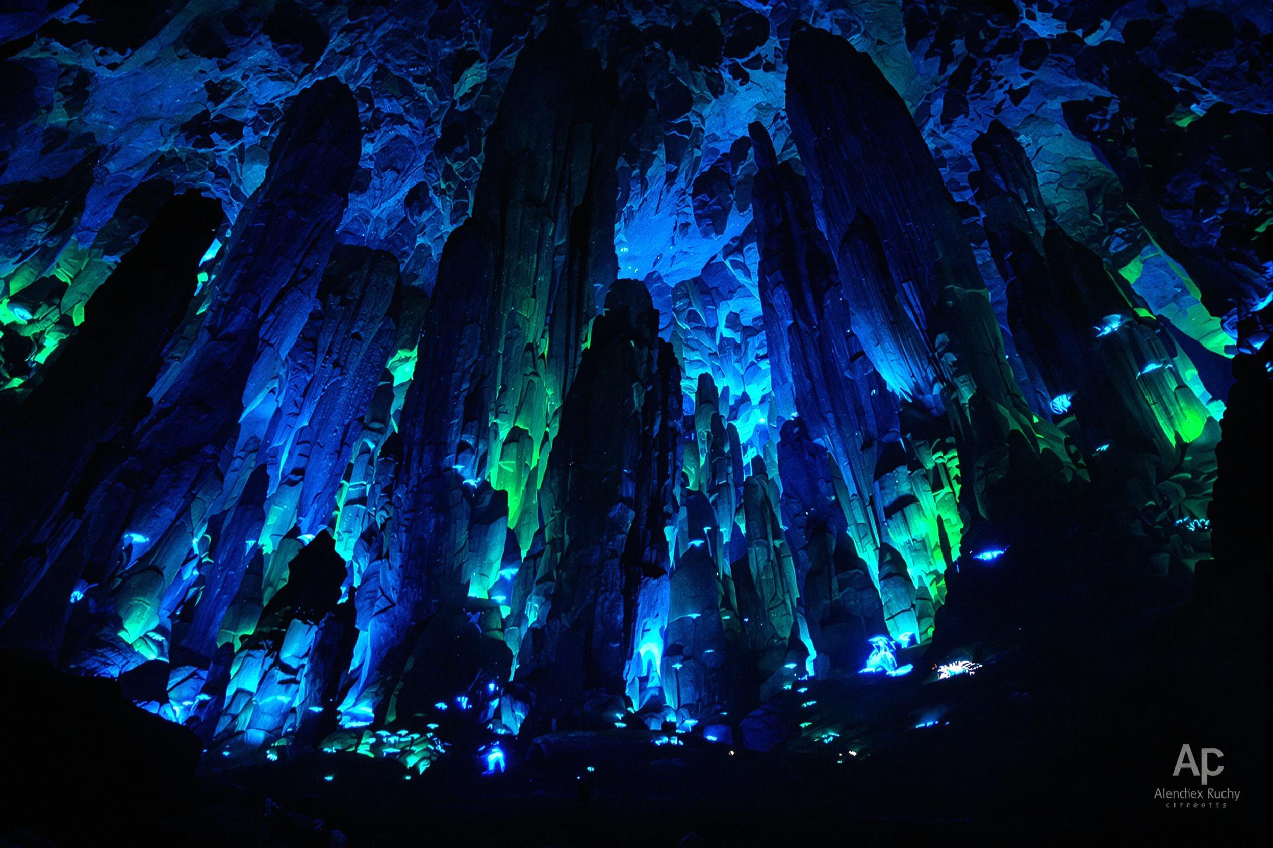 A mesmerizing cave interior showcases high jagged rock formations glistening in ghostly shades of blue and green. Illuminated by clusters of bioluminescent fungi, the ethereal light dances across the rough stone surfaces, creating enchanting shadows. The damp air is filled with mystery as intriguing shapes emerge from the darkness, inviting exploration within nature's hidden realm.