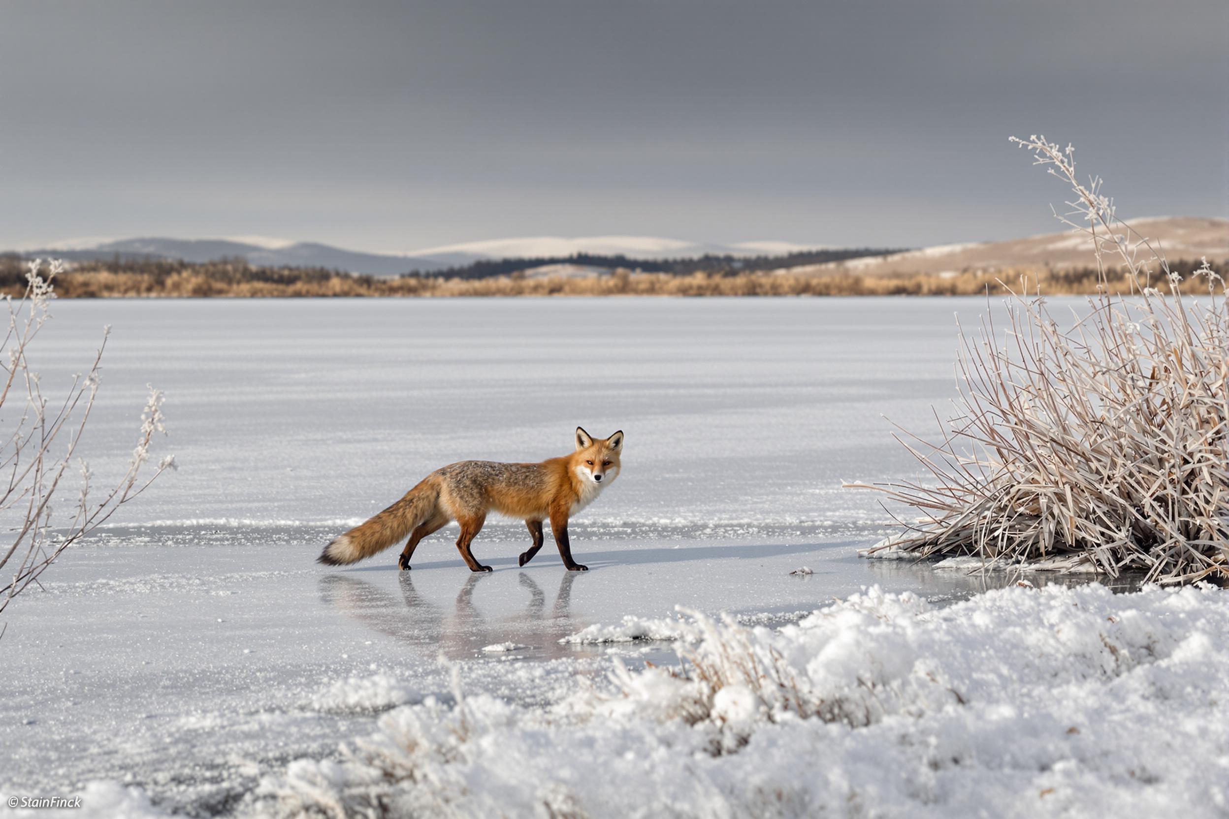 A solitary red fox cautiously steps across a frozen lake beneath a dim winter sky. The vivid rust-orange fur adds warmth against icy surroundings of cool whites and grays. Frost crystals line nearby brush as muted hills in the distant background add depth. Sharp contrast highlights every detail of nature surviving adversity.